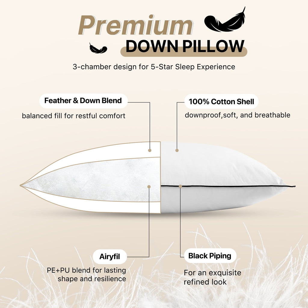 Decorative Plump Feather Down Pillows Set of 2, Medium Firm Hotel Bed Pillow 2 Pack, Queen Size, 20 x 30 in. - Hotel Quality Plush Sleeping Pillows Detail