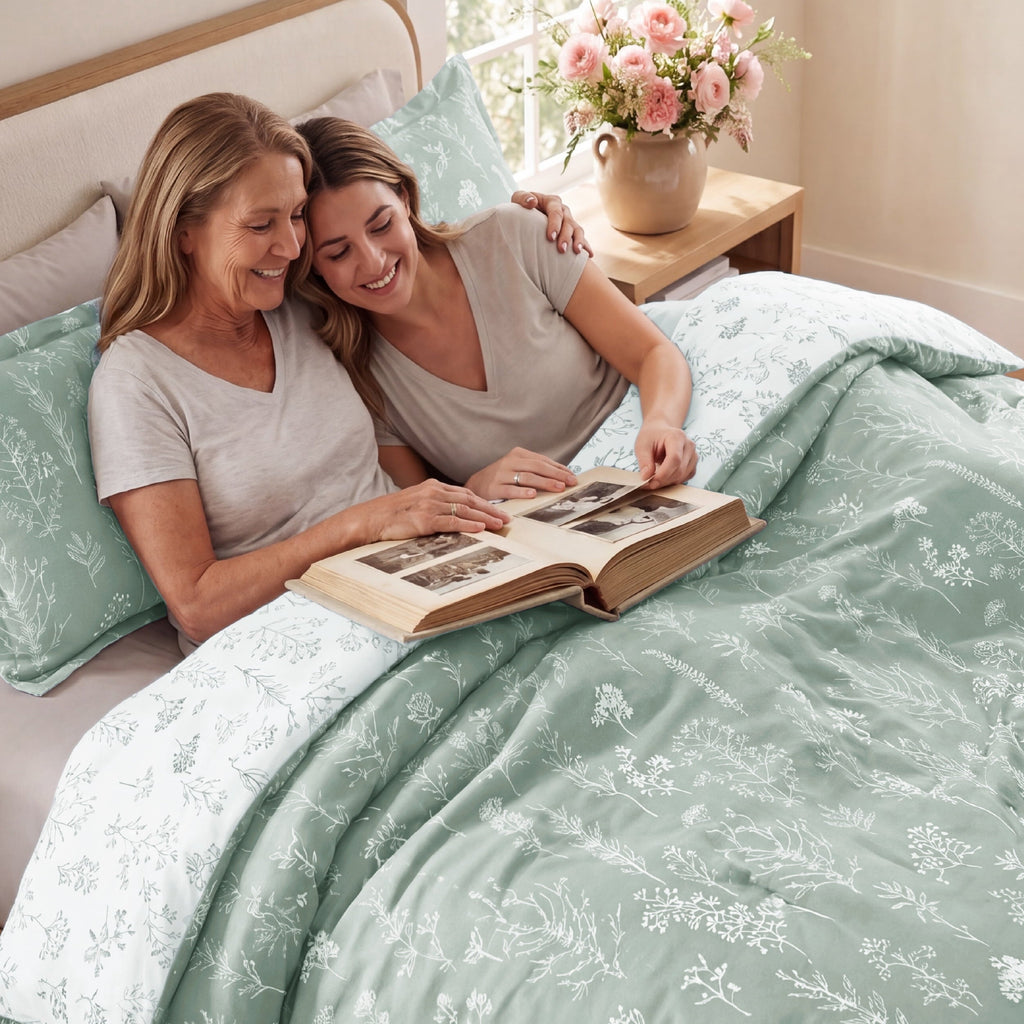 All-Season 3 Pieces Sage Green Queen Size Comforter Sets, Cute Flowers Botanical Lightweight Soft Bedding Set with 2 Pillow Shams - Cloud-Like Soft Lightweight Bed Comforter Detail