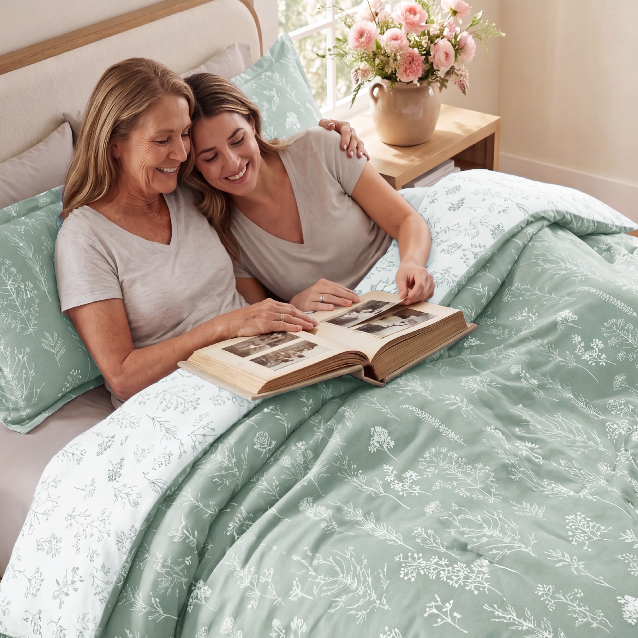 All-Season 3 Pieces Sage Green Queen Size Comforter Sets, Cute Flowers Botanical Lightweight Soft Bedding Set with 2 Pillow Shams - Cloud-Like Soft Lightweight Bed Comforter Detail