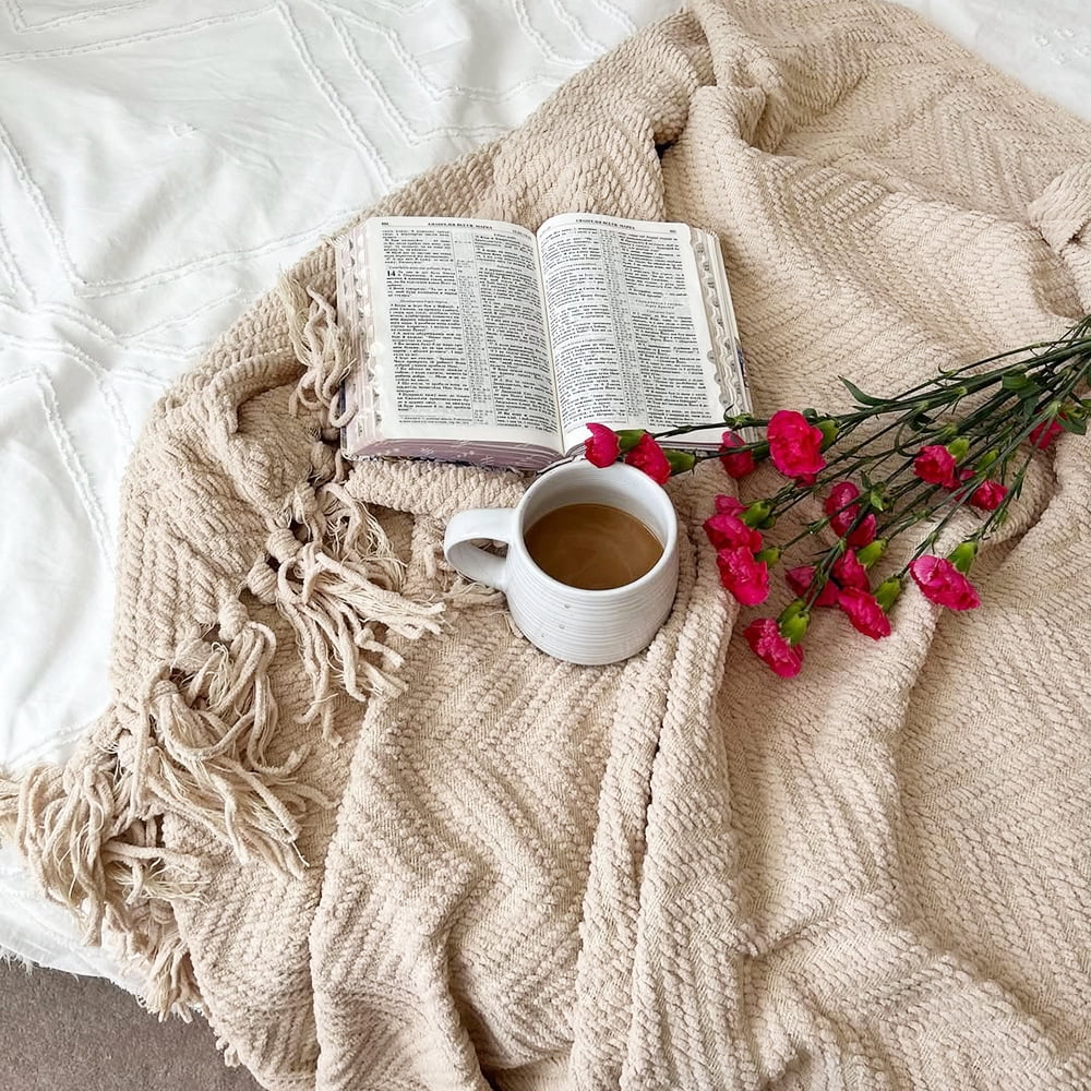 Cozy Fleece Beige Throw Blanket,Textured Knitted Tan Throws with Tassels,Neutral Sofa Bed Throws,50"x60" - Cozy Fleece Throw Blanket for Couch & Bed Detail