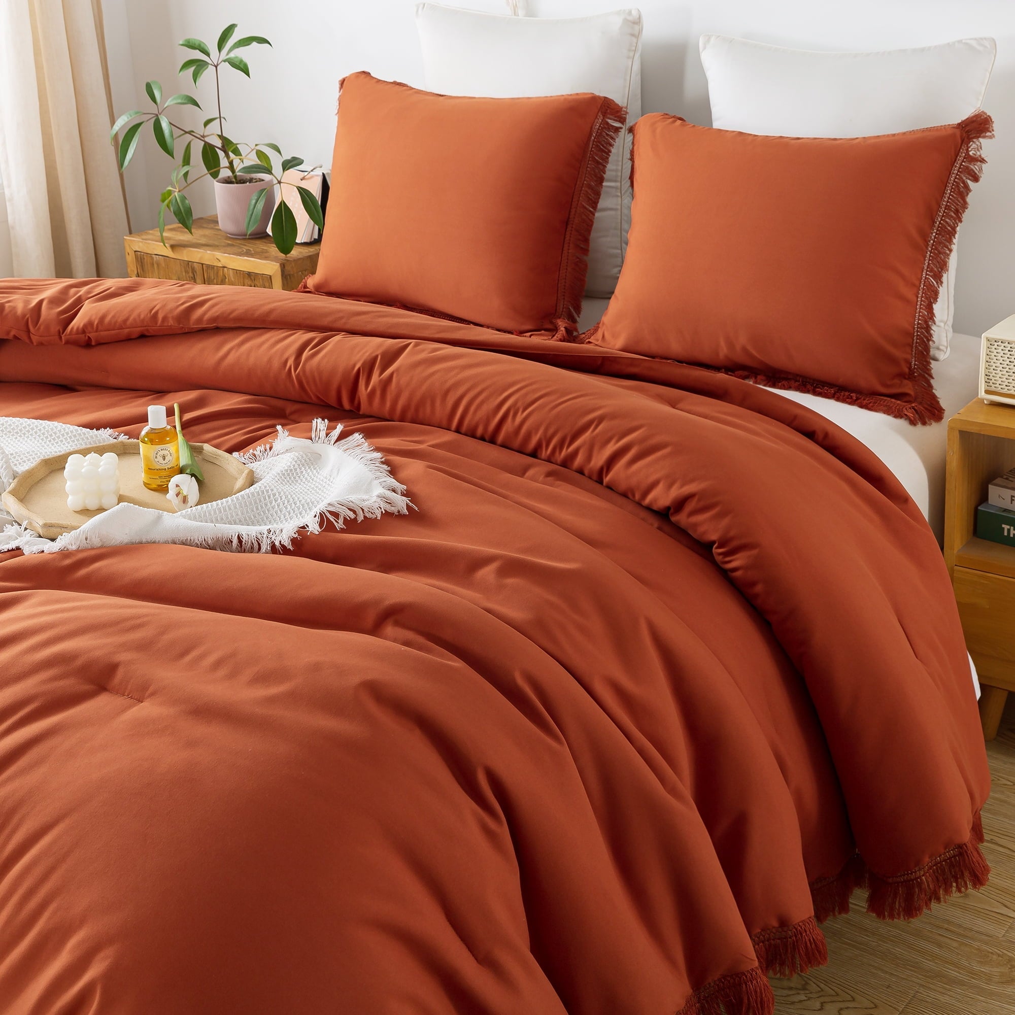 Fluffy Down Alternative King Size Comforter Sets Burnt Orange, 3 Pieces Soft Fluffy Boho Bedding Comforter Sets for King Bed, All Season Terr... - Luxurious Quilted Duvet Cover Set Detail