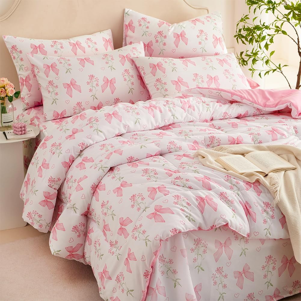 Hypoallergenic Cloud Pink Bowknot Girls Comforter Set Twin Size, 3 Pieces Bows Princess Style Bedding Set for Girls for All Season - Cloud-Like Soft Lightweight Bed Comforter Detail