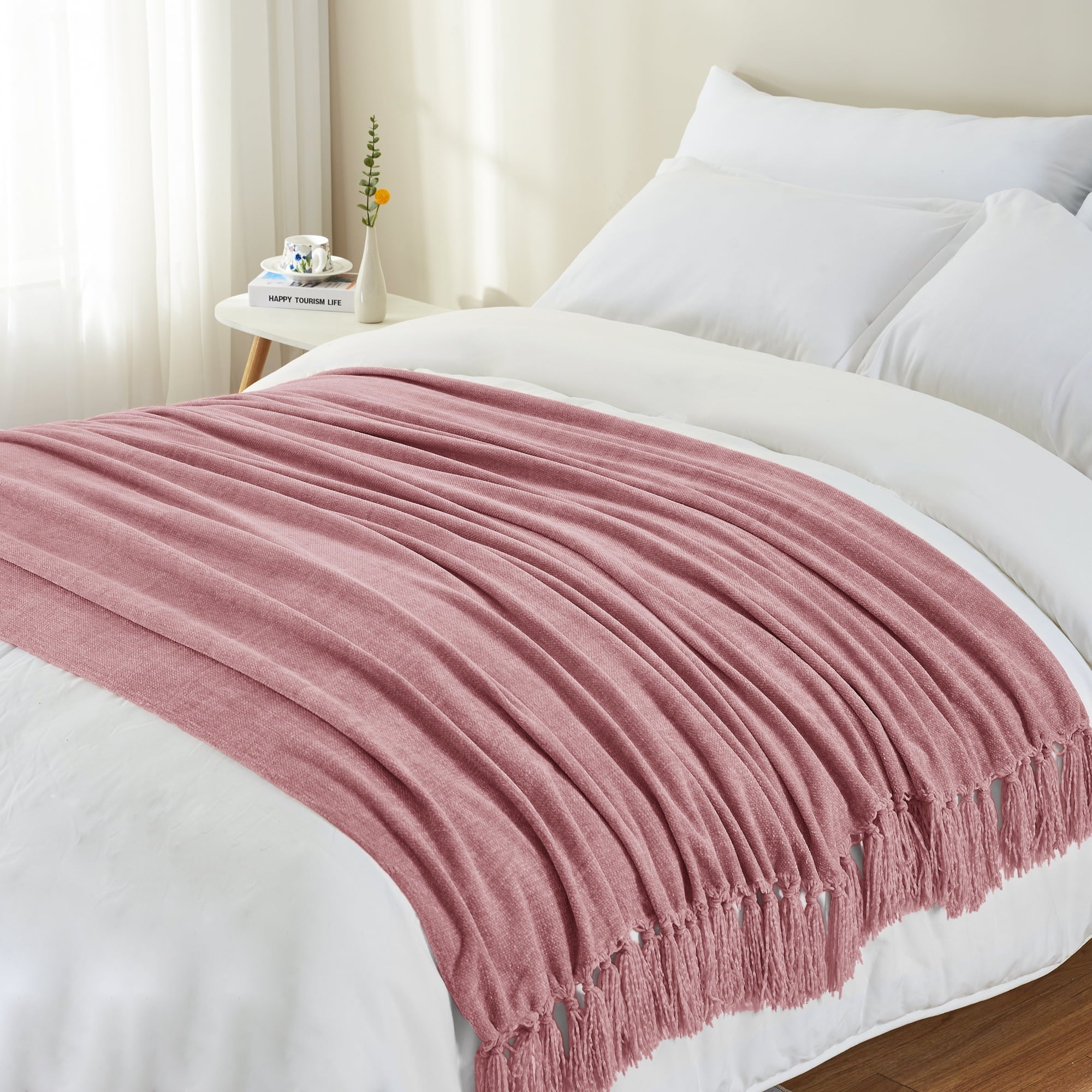 Super Soft Flannel Chenille Throw Blanket with Fringe Tassel for Couch Sofa Chair Bed, Mauve 50" X 70" - Cozy Fleece Throw Blanket for Couch & Bed Detail