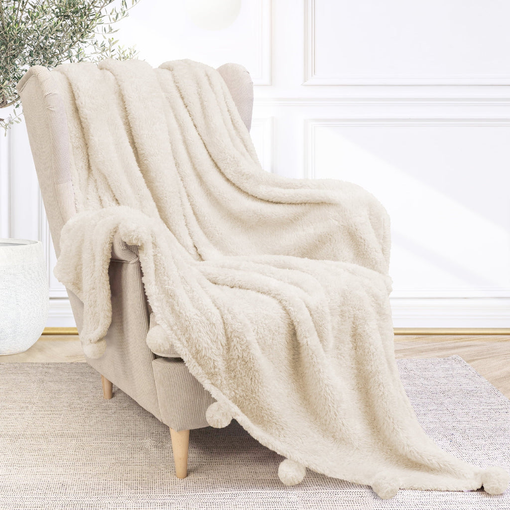 Reversible Sherpa Ivory Cream Sherpa Throw Blanket with Soft Pom Pom Fringe, Plush Cozy Warm Blankets for Couch Bed Sofa, Fuzzy Fleece ... - Luxury Knitted Decorative Throw Blanket with Fringes Detail