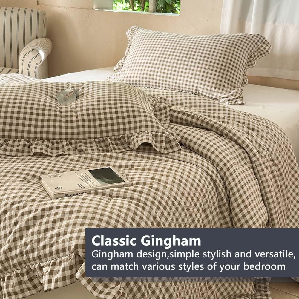 Hypoallergenic Cloud Tan Gingham Ruffle Queen Comforter Set, Taupe Ruffled Plaid Bedding Set, Ruffled Checked Bed Comforter 3 Pieces(Tan G... - Hypoallergenic Ultra-Fluffy Quilt for Winter Detail