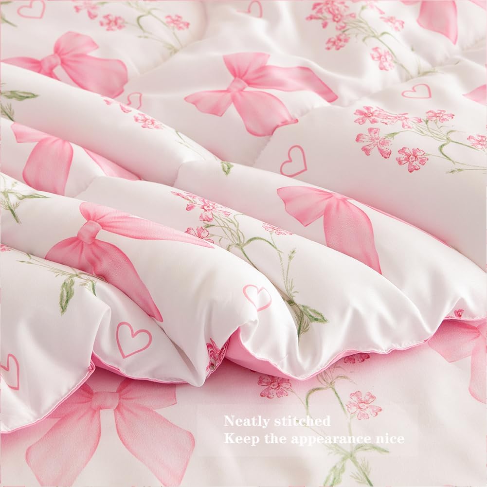 Hypoallergenic Cloud Pink Bowknot Girls Comforter Set Twin Size, 3 Pieces Bows Princess Style Bedding Set for Girls for All Season - Cloud-Like Soft Lightweight Bed Comforter Detail