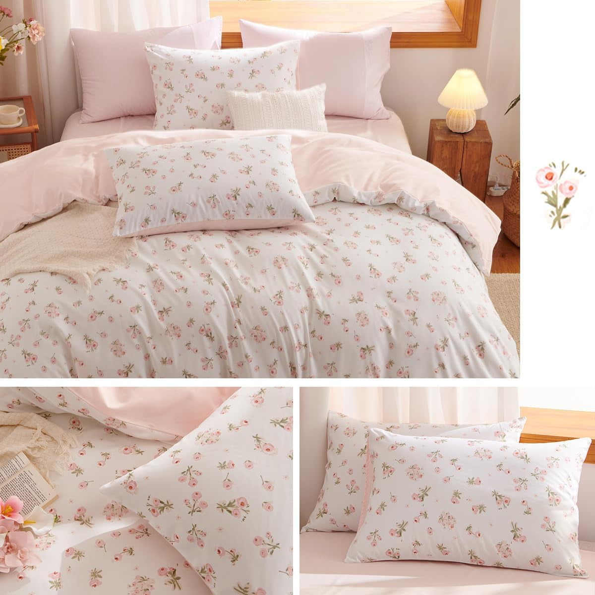 Fluffy Down Alternative Pink loyalty Floral Comforter Queen Sets, 3 Pieces Chic Botanical Pink White Floral Reversible Comforter for All Season - Hypoallergenic Ultra-Fluffy Quilt for Winter Detail