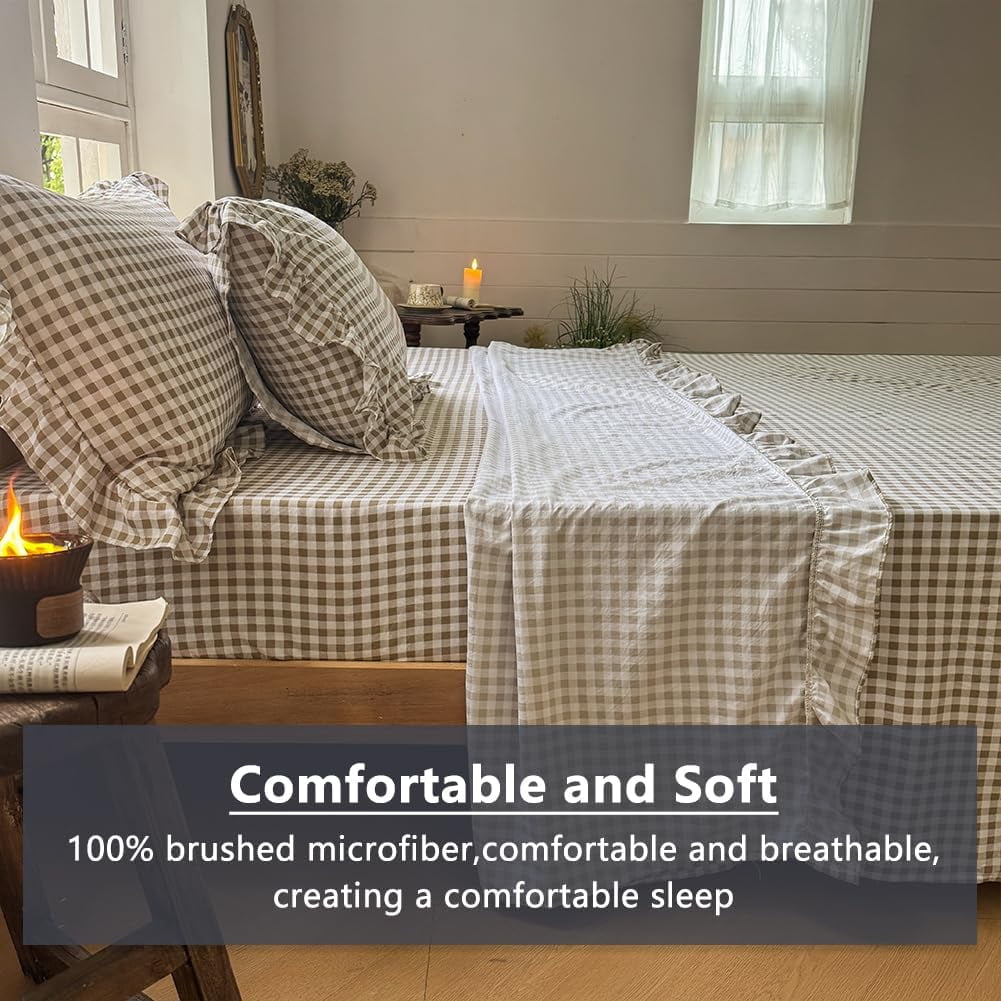 Ultra-Soft Tan Gingham Ruffle Queen Sheet Set, Taupe Soft Pre-Washed Microfiber Plaid Ruffled Queen Bed Sheets, 4-Pieces Farmhou... - Luxury Bed Sheet Set with Deep Pockets Detail