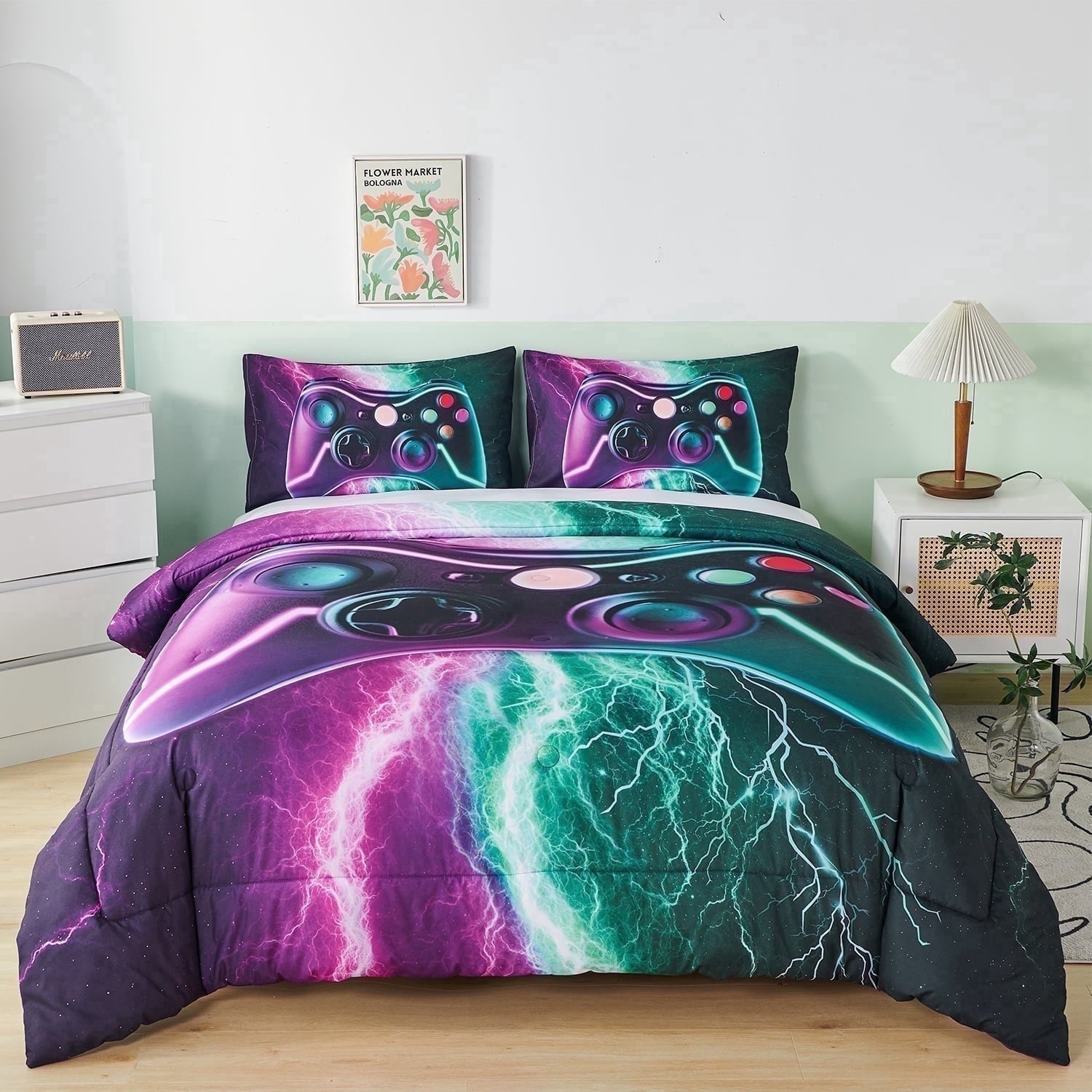 Fluffy Down Alternative Queen Size Gaming Comforter Set for Boys,3-Piece 3D Green Purple Lightning Game Controller Bedding Set for Kids Teens - All-Season Down Alternative Comforter Insert Detail