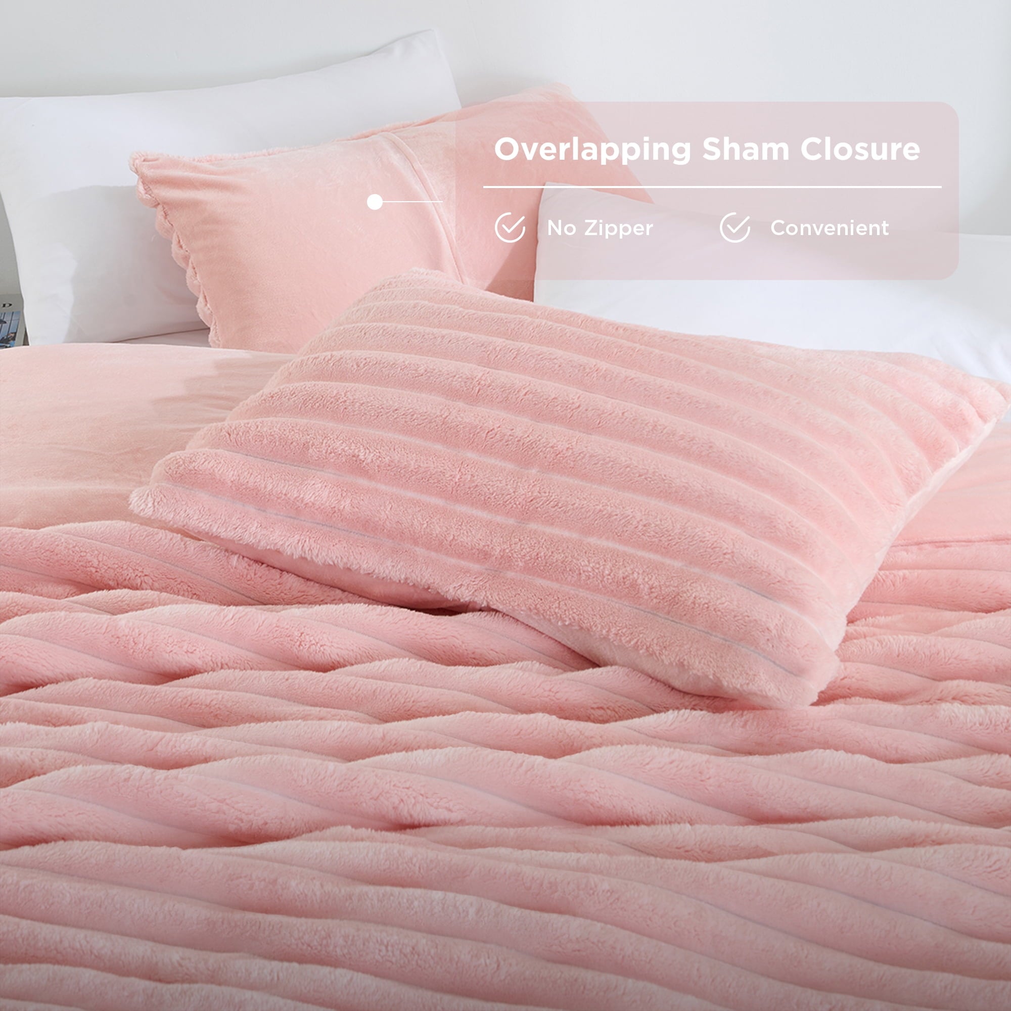 Heavyweight Warmth Full/Queen Size Comforter Set, Fluffy Ribbed Plush Comforter Set, 3-Piece Bedding Set, Pink - Luxurious Quilted Duvet Cover Set Detail