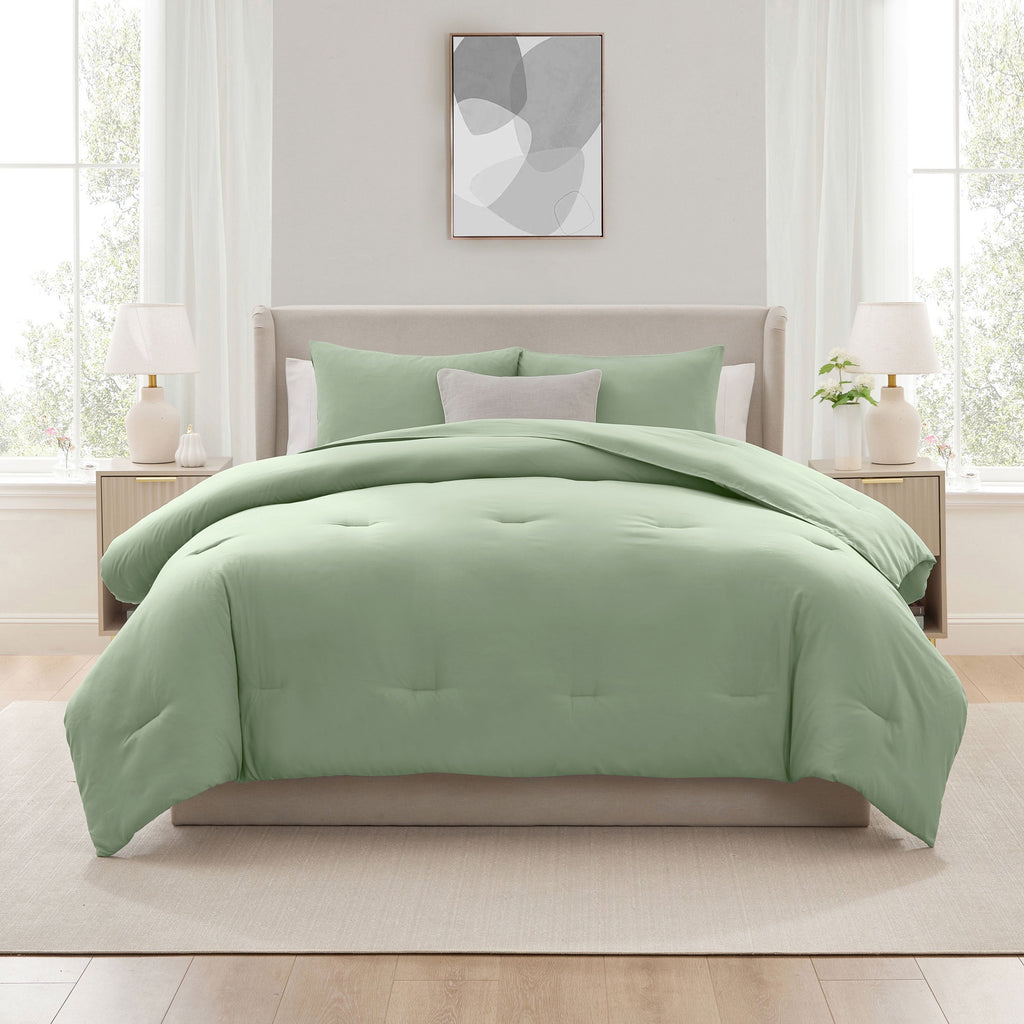 Heavyweight Warmth Comforter Sets, All Season Lightweight Solid Queen Comforter Set, 3-Pc Bedding Sets, Sage Green - Luxurious Quilted Duvet Cover Set Detail