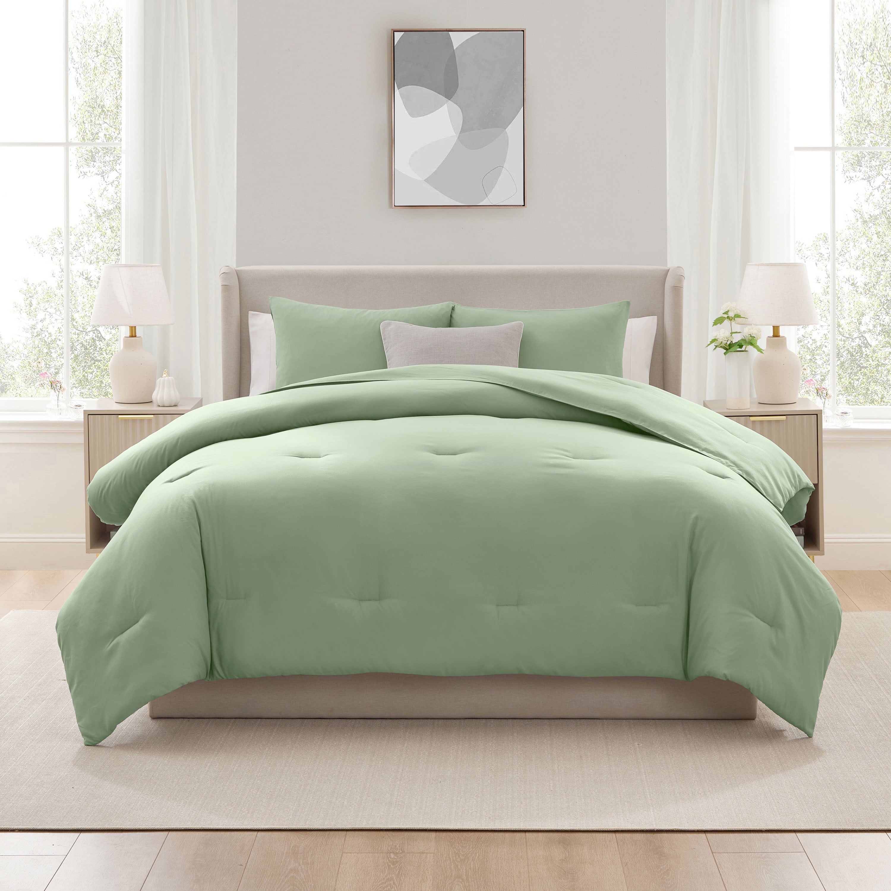 Heavyweight Warmth Comforter Sets, All Season Lightweight Solid Queen Comforter Set, 3-Pc Bedding Sets, Sage Green - Luxurious Quilted Duvet Cover Set Detail