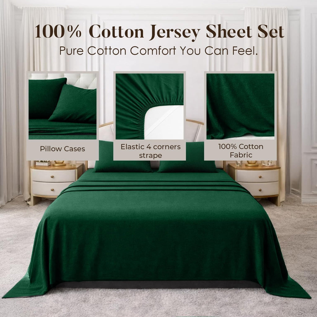 Ultra-Soft Bed Sheet Set Twin 3 Piece Hunter Green Breathable Soft Cotton Jersey Sheets with Deep Pockets, Unisex - Premium Ultra-Soft Pillowcase Pair for Sleeping Detail