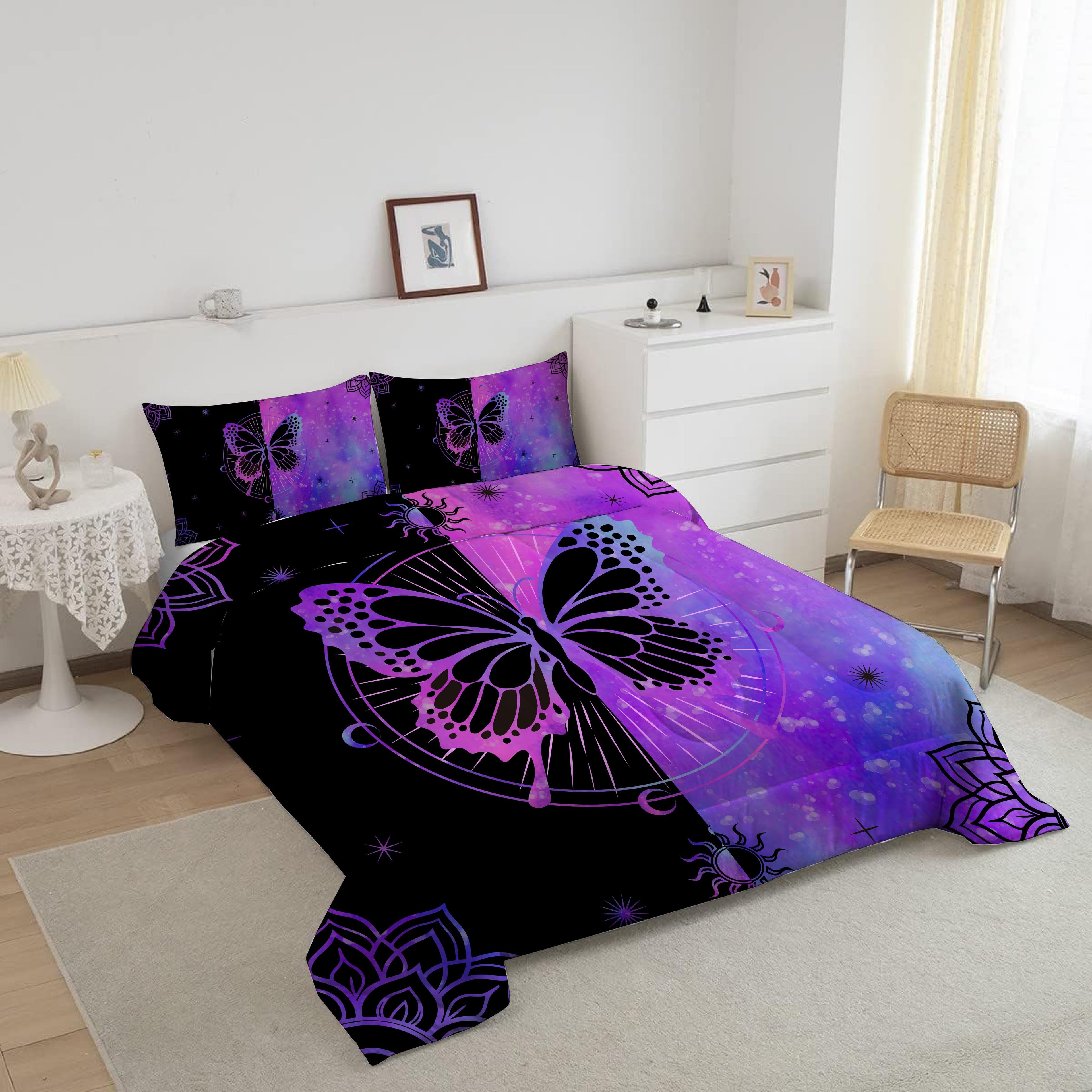 Hypoallergenic Cloud Butterfly Comforter Set Full Size for Girls Kids Teens Black Blue Purple Tie Dye Bedding Set 3 Pieces - All-Season Down Alternative Comforter Insert Detail