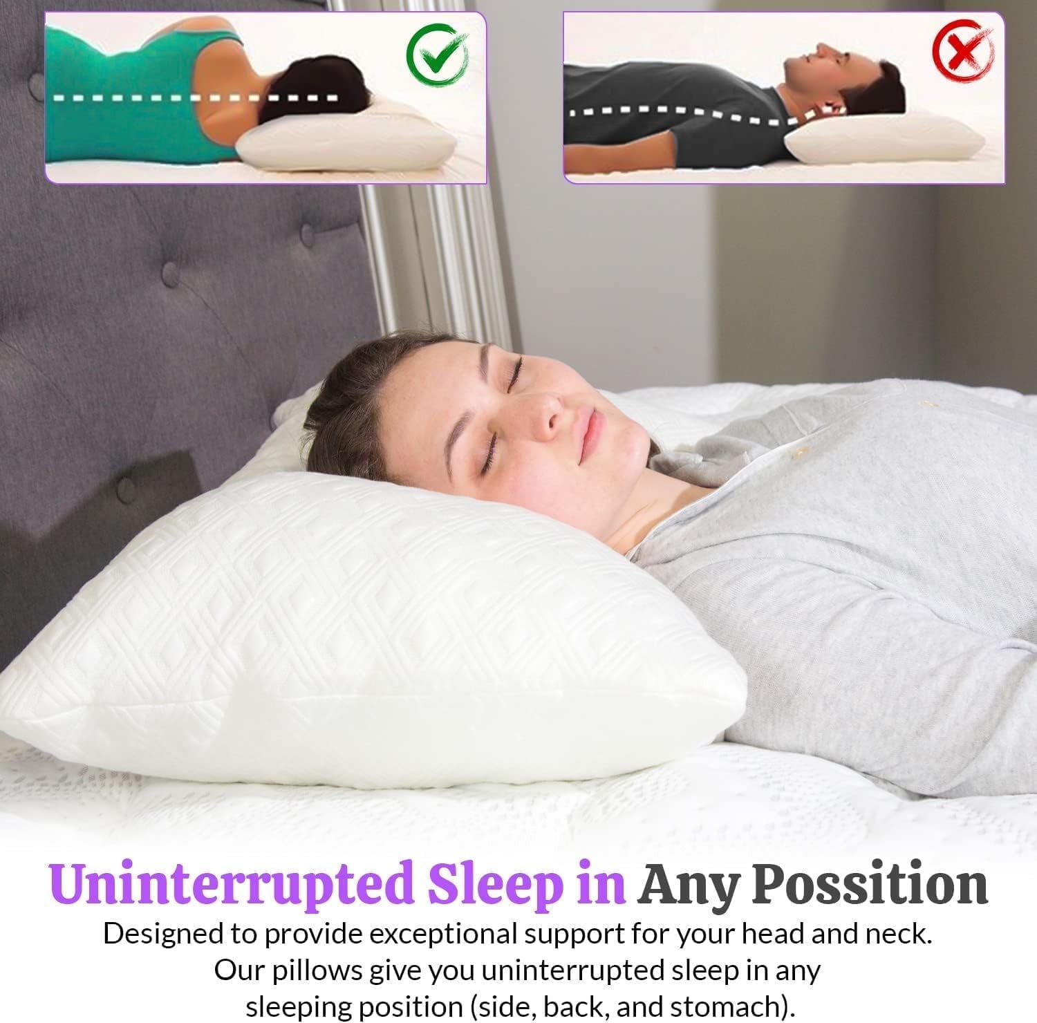 Ergonomic Memory Foam King Size Bamboo Pillow, Memory Foam Bed Pillows with Washable Pillowcases, King - Decorative Throw Pillow Cushion for Sofa & Bed Detail