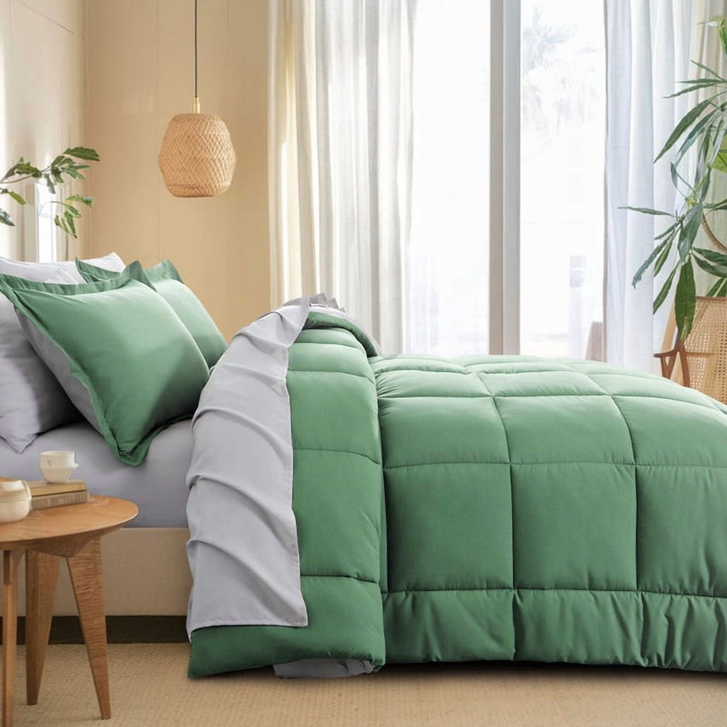 Luxurious Quilted Grass Green/Grey Queen Size Comforter Set,3-Pieces Reversible Comforter Set Soft and Lightweight,All Season Down Alte... - Luxurious Quilted Duvet Cover Set Detail
