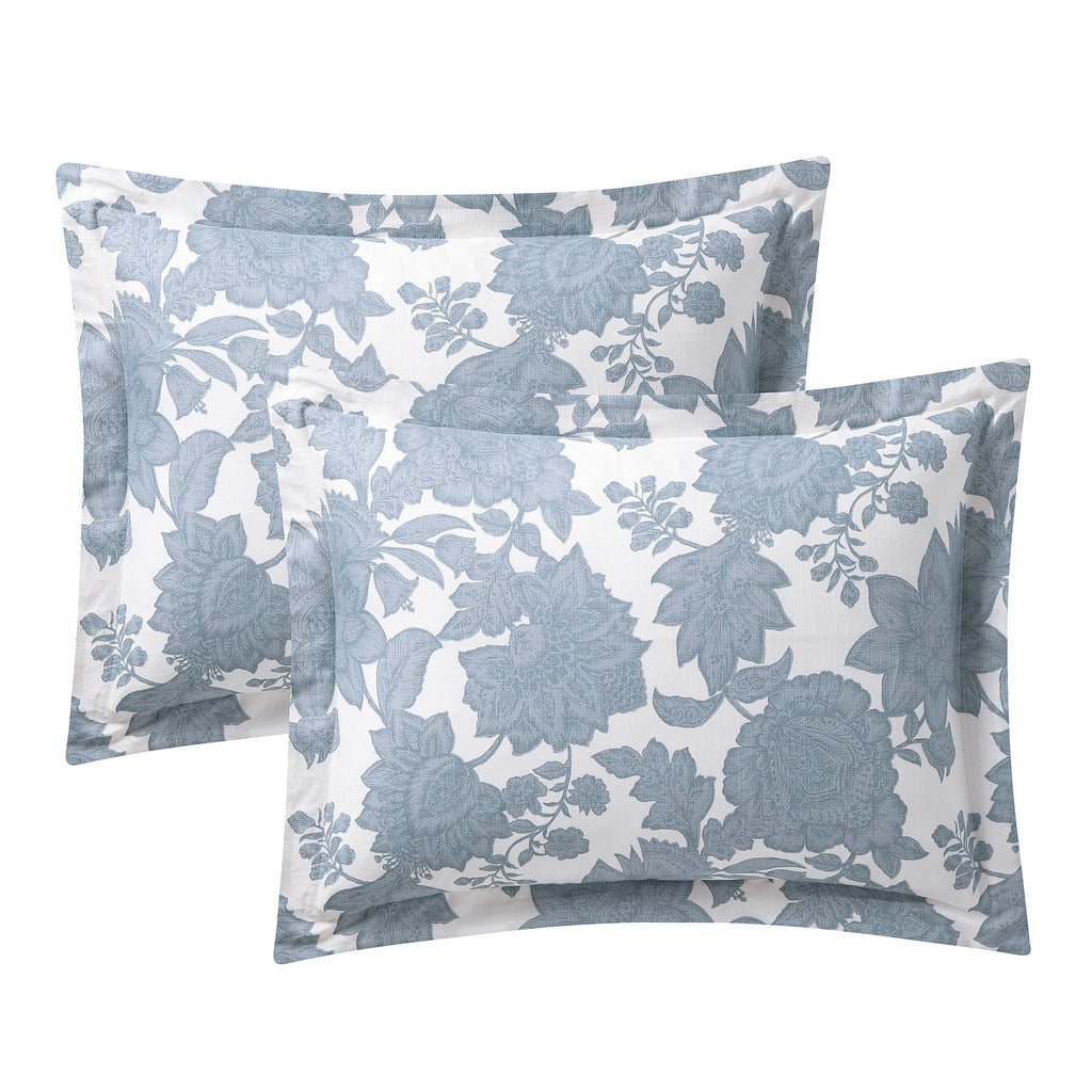 Fluffy Down Alternative Veronica 3-Piece Blue Floral Cotton Slub Comforter Set, King - Luxurious Quilted Duvet Cover Set Detail