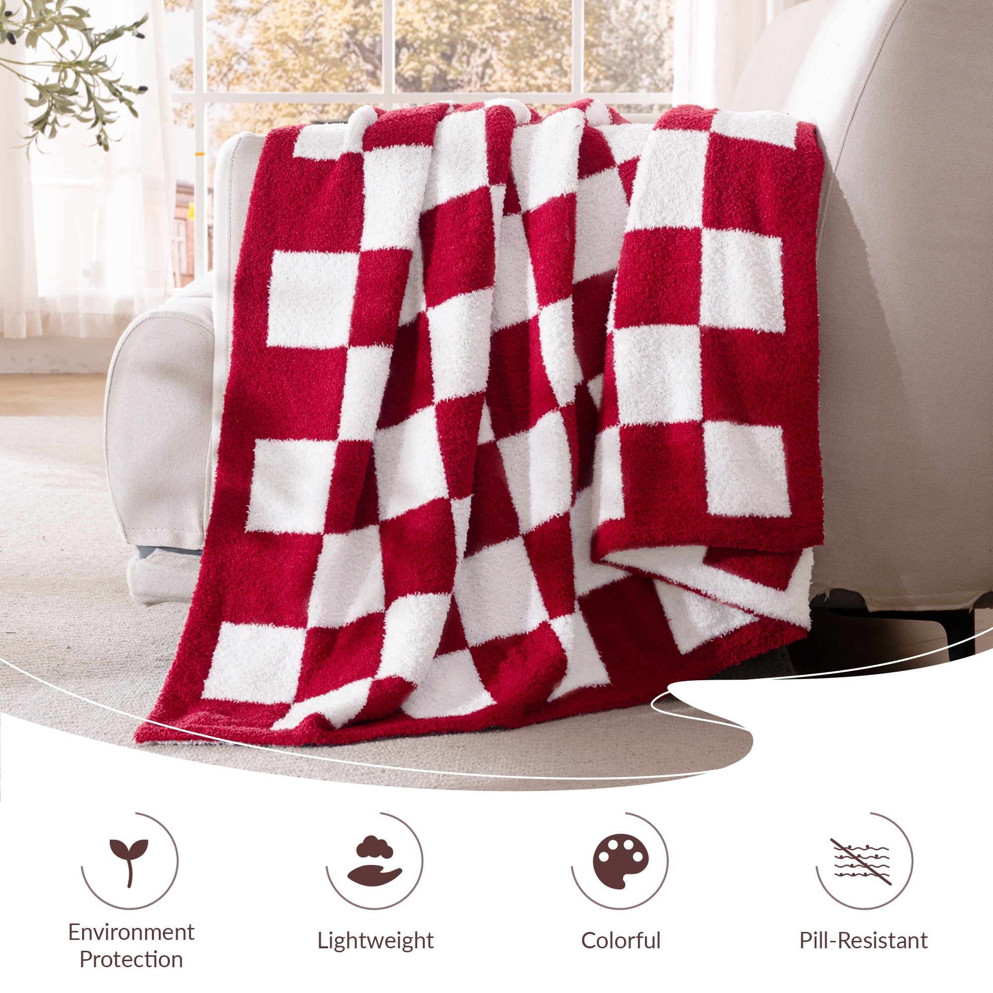 Super Soft Flannel Checkered Knit Throw Blanket, Ultra Soft Cozy Fluffy Checkerboard Blankets, Lightweight Fuzzy Plush Throw for Couch a... - Lightweight Plush Warm Blanket for All Seasons Detail