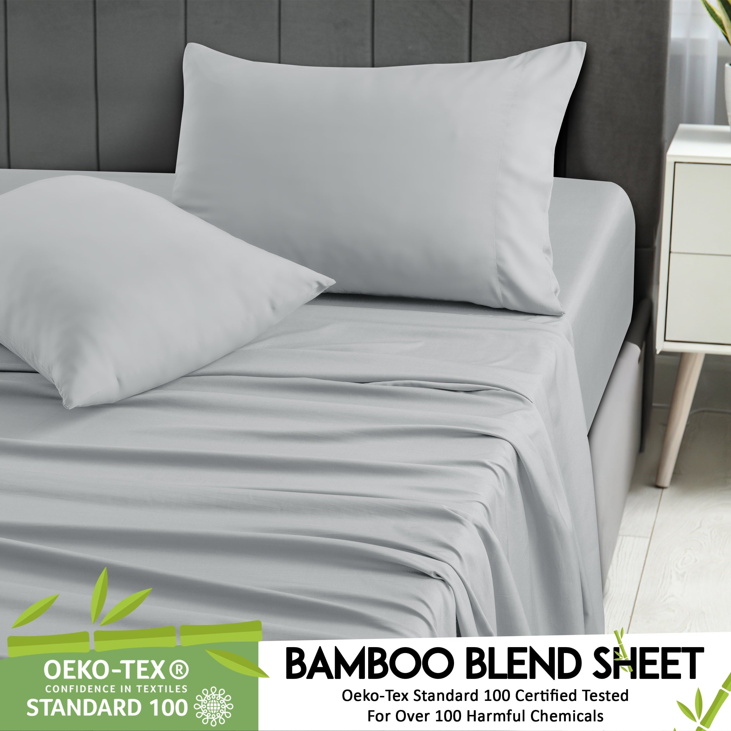 Premium Egyptian Cotton Rayon - 4 Piece Cooling Bed Sheets Set, Gray - Breathable Egyptian Cotton Flat & Fitted Sheets Detail