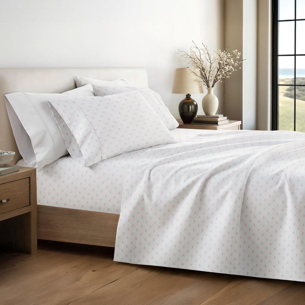 Wrinkle-Resistant 3 Piece Ditsy Pattern Microfiber Bed Sheets, Pink Bows, Twin-XL - Cooling Hotel Quality Bedding Sheets and Pillowcases Detail