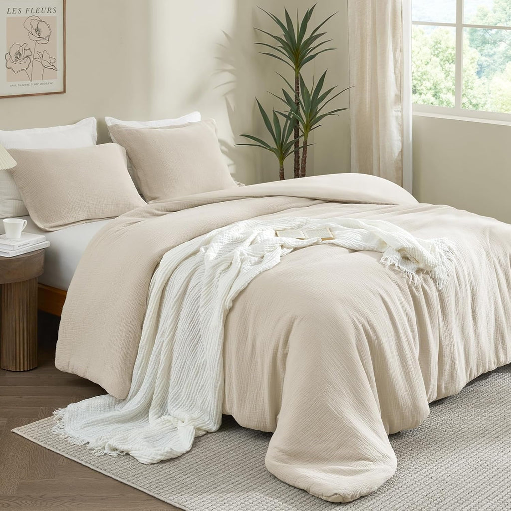 Luxurious Quilted Cotton Muslin Comforter Set Queen Size, Ultra Soft Breathable & Lightweight Bedding Set for All Seasons, 1 Comfy Comf... - Hypoallergenic Ultra-Fluffy Quilt for Winter Detail
