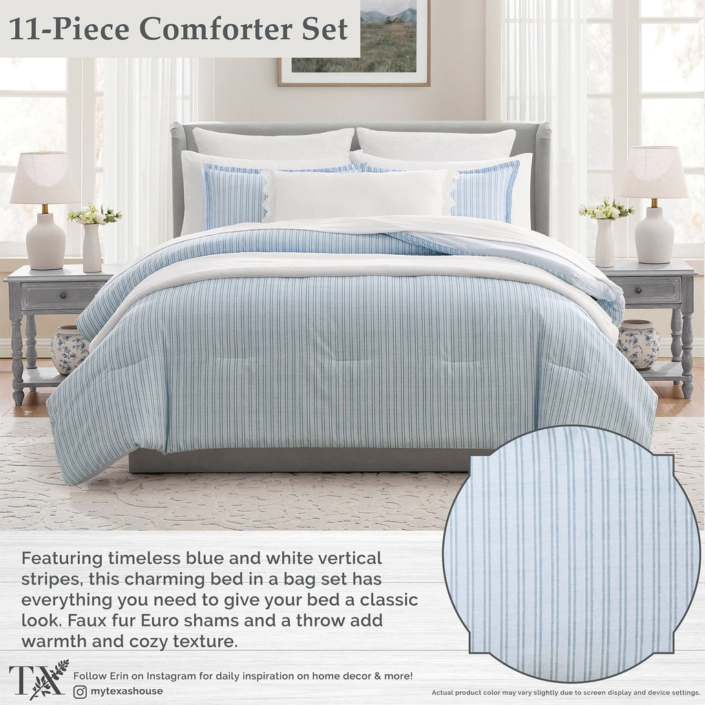 All-Season Stripe 11-Piece Comforter Set with Sheets, Blue, Queen - Luxurious Quilted Duvet Cover Set Detail