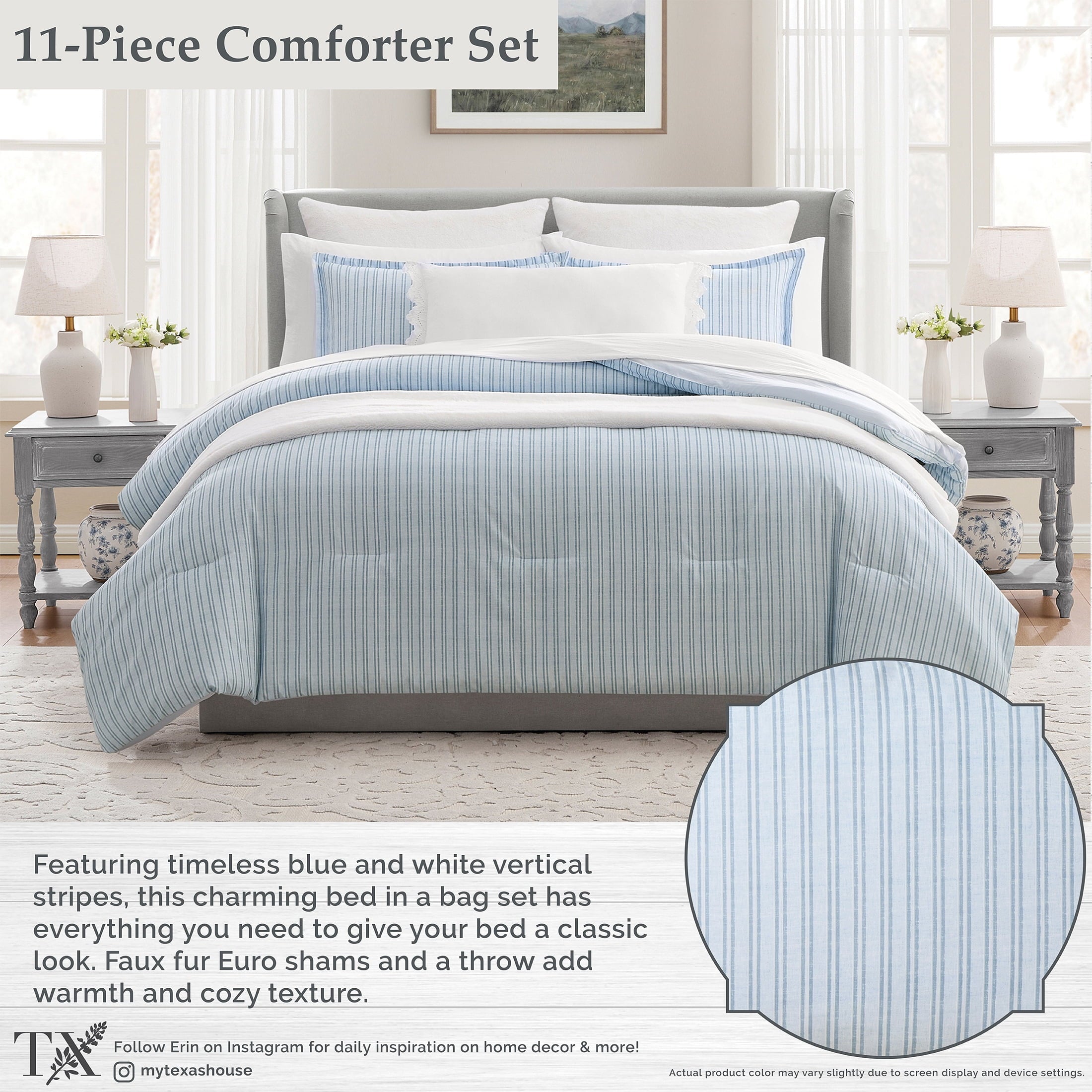 All-Season Stripe 11-Piece Comforter Set with Sheets, Blue, Queen - Luxurious Quilted Duvet Cover Set Detail
