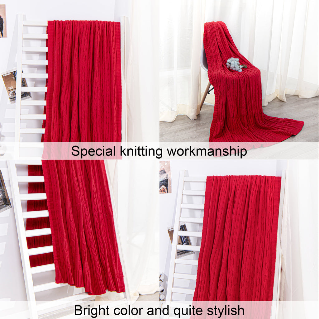 Reversible Sherpa 100% Cotton Cable Knit Throw, Super Soft Warm Knitted Blanket Home Decor, 51"x67", Red - Luxury Knitted Decorative Throw Blanket with Fringes Detail