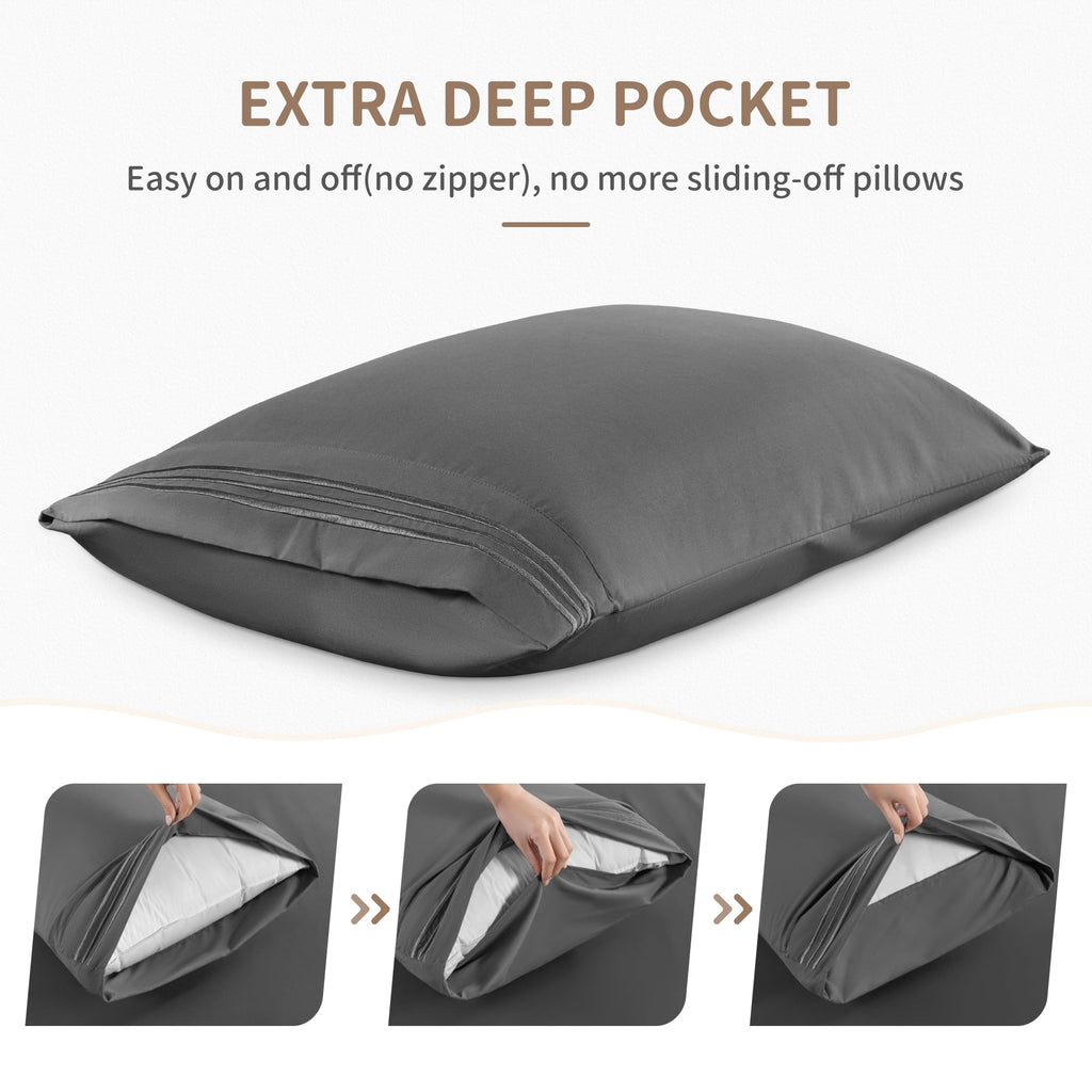 Breathable Luxury 6 Pieces Bed Sheet Set, 1800 Series Soft Microfiber Queen Sheets with 16" Deep Pocket, Dark Gray - Cooling Hotel Quality Bedding Sheets and Pillowcases Detail
