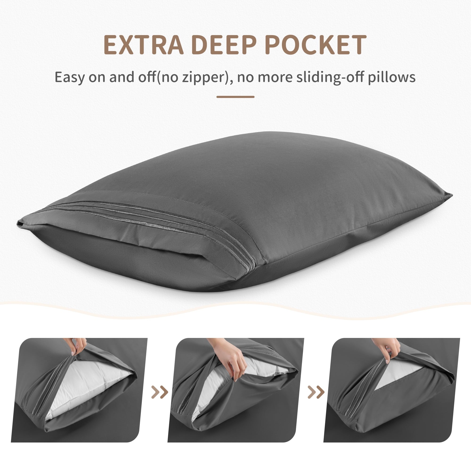 Breathable Luxury 6 Pieces Bed Sheet Set, 1800 Series Soft Microfiber Queen Sheets with 16" Deep Pocket, Dark Gray - Cooling Hotel Quality Bedding Sheets and Pillowcases Detail