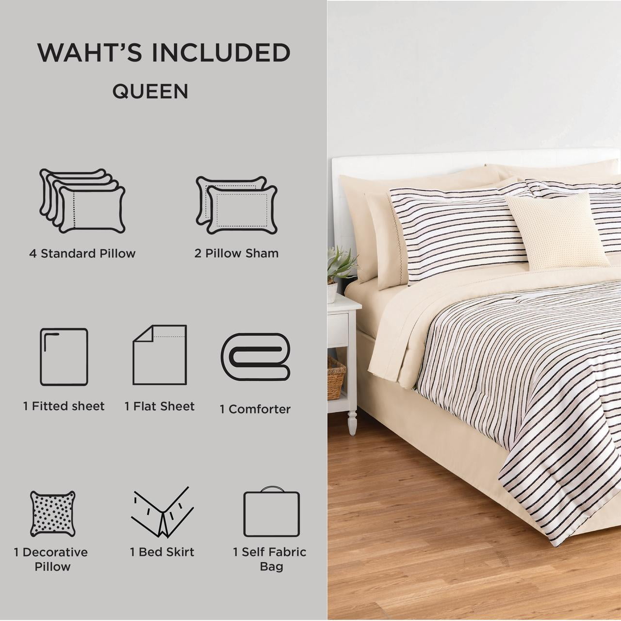 Luxurious Quilted Soft Touch Bed in a Bag 11-Piece Reversible Tan & Black Striped Comforter Set with Sheets, Queen - All-Season Down Alternative Comforter Insert Detail