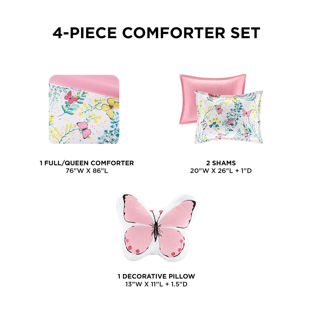 Heavyweight Warmth Full/Queen Size Comforter Sets, 4-Piece Kids Bedding Set for Girls, Butterfly Floral Comforter Bed Set, White/Pink - All-Season Down Alternative Comforter Insert Detail