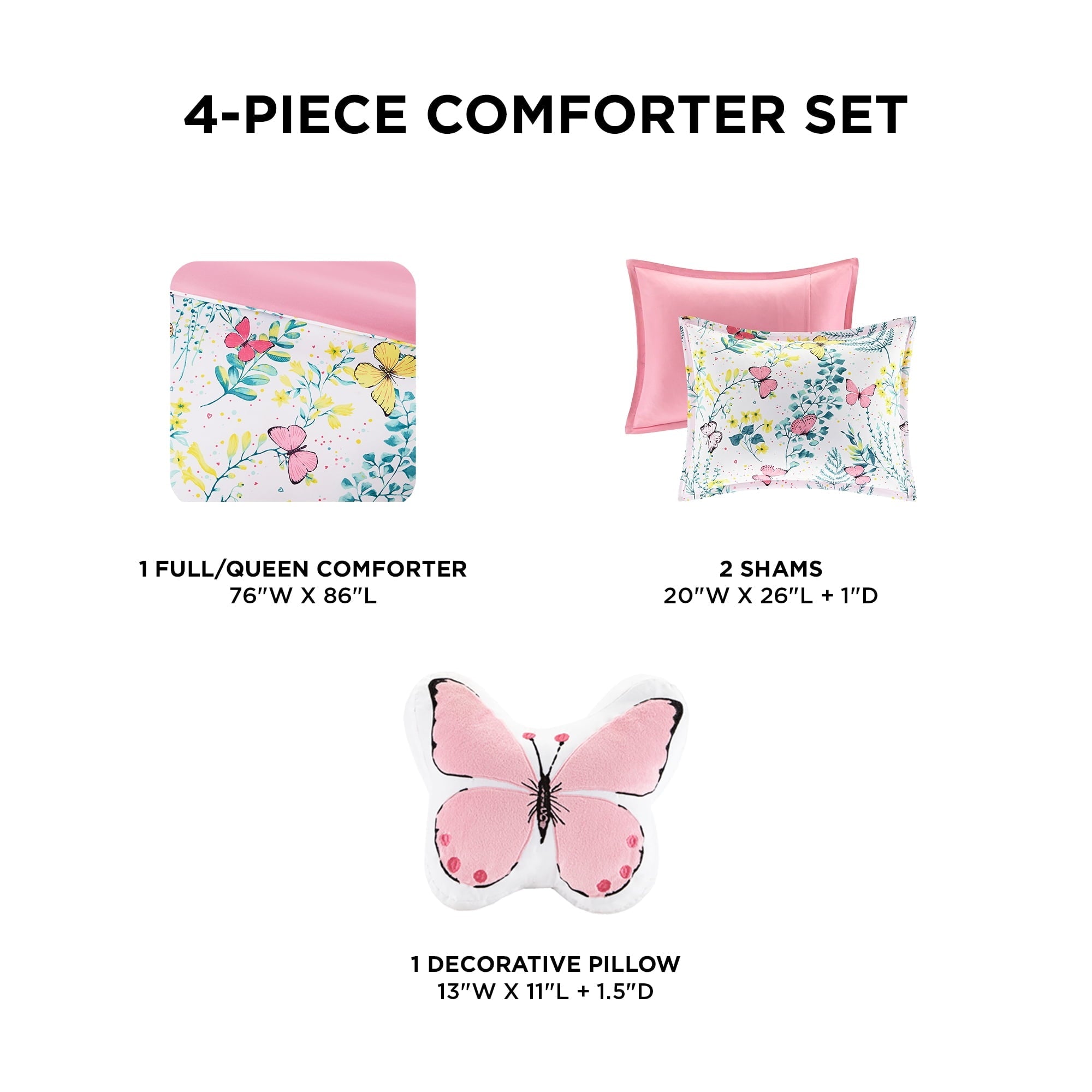 Heavyweight Warmth Full/Queen Size Comforter Sets, 4-Piece Kids Bedding Set for Girls, Butterfly Floral Comforter Bed Set, White/Pink - All-Season Down Alternative Comforter Insert Detail