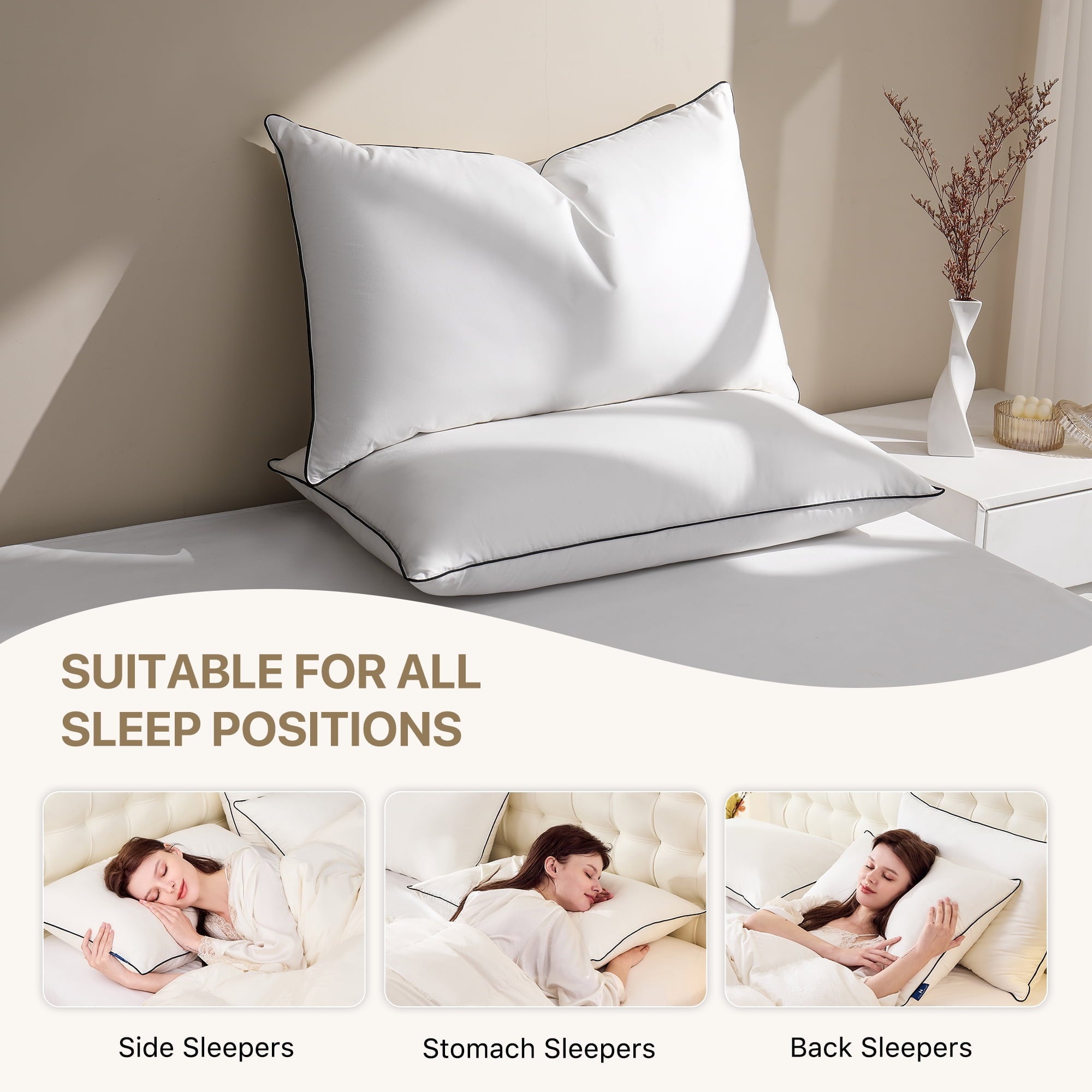 Decorative Plump Feather Down Pillows Set of 2, Medium Firm Hotel Bed Pillow 2 Pack, Queen Size, 20 x 30 in. - Hotel Quality Plush Sleeping Pillows Detail