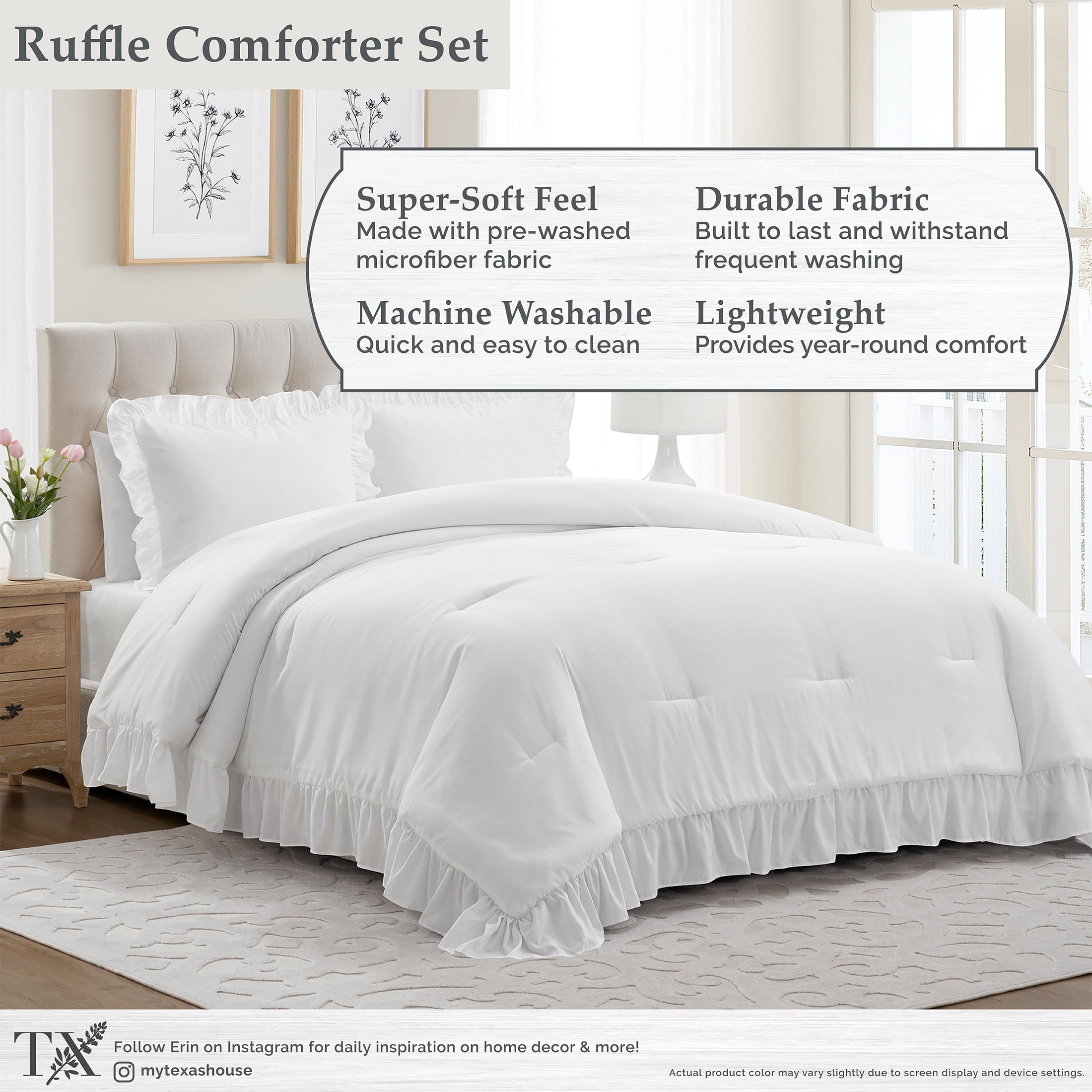 Heavyweight Warmth Full/Queen Comforter Set, All-Season, 3-Piece, White Ruffle - Hypoallergenic Ultra-Fluffy Quilt for Winter Detail