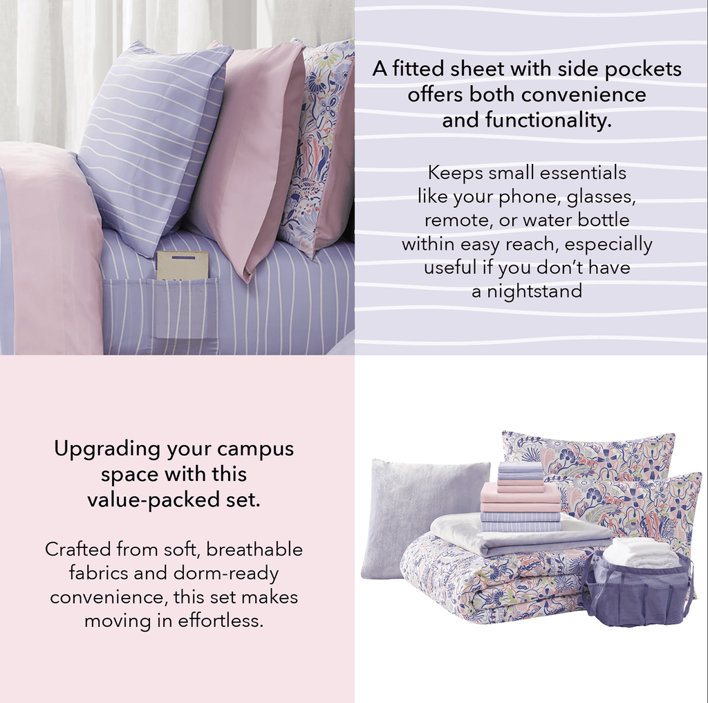 All-Season 14pc College Dorm Essentials Bundle, Twin-XL, Reversible Bed in a Bag Comforter Set, Purple Floral - Luxurious Quilted Duvet Cover Set Detail