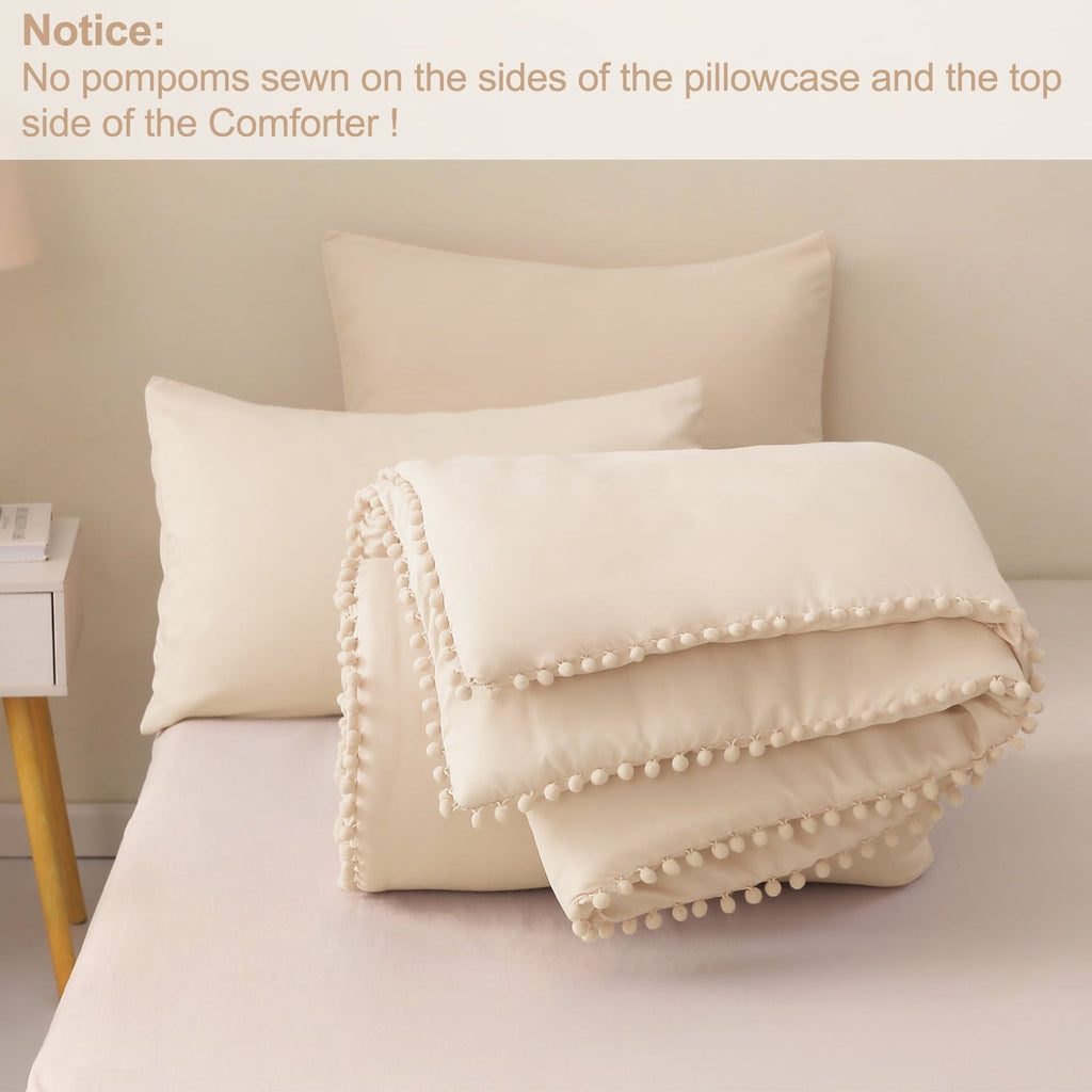 Luxurious Quilted Boho Pom Pom Ball Fringe King Size Comforter Set, 3 Pieces Beige Lightweight Down Alternative Bedding Comforter Sets ... - Luxurious Quilted Duvet Cover Set Detail