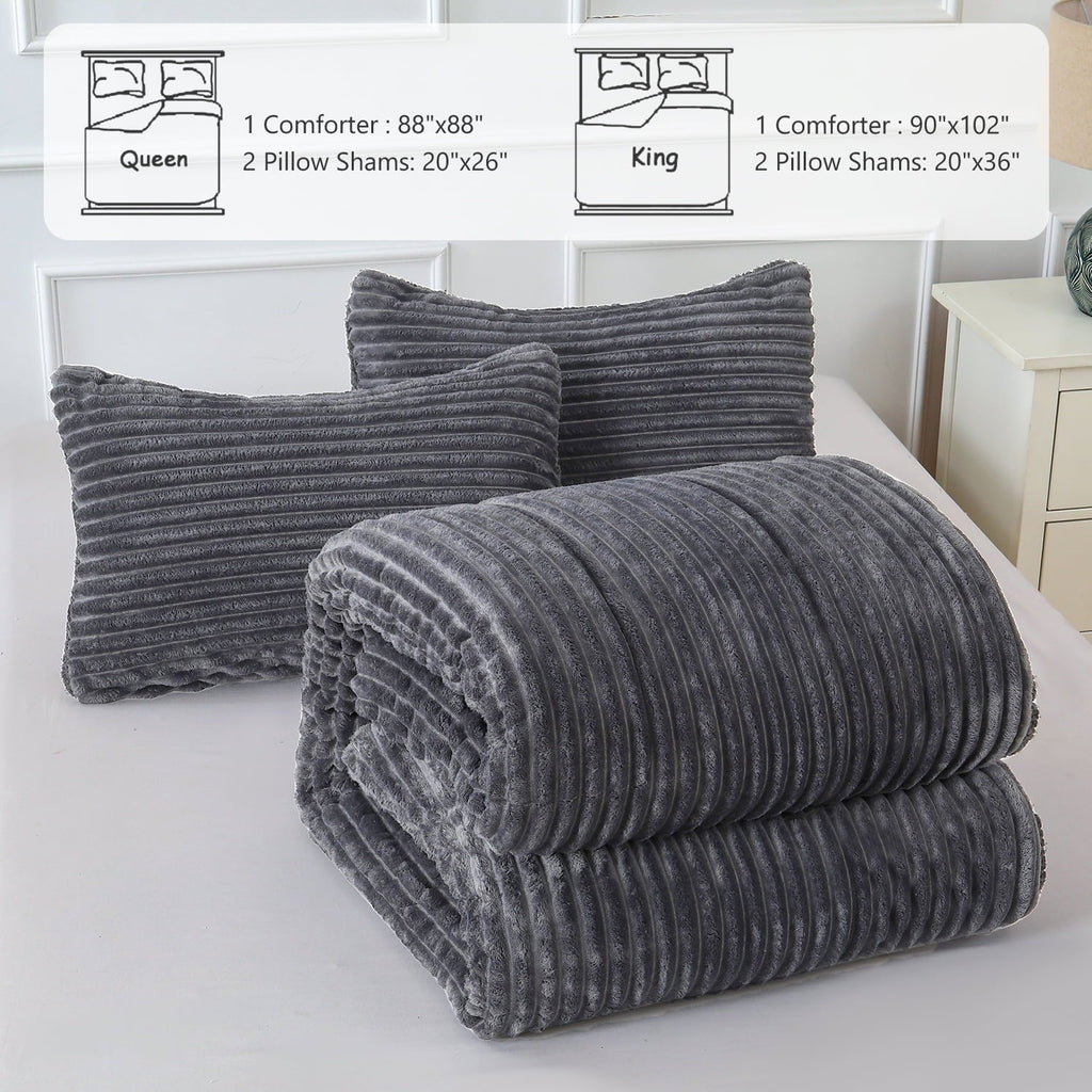 Hypoallergenic Cloud 3 Piece Fleece Queen Comforter Set - Soft & Warm Fluffy Dark Gray Sherpa Bedding , Fuzzy Heavy Double Sided Design Wi... - Luxurious Quilted Duvet Cover Set Detail
