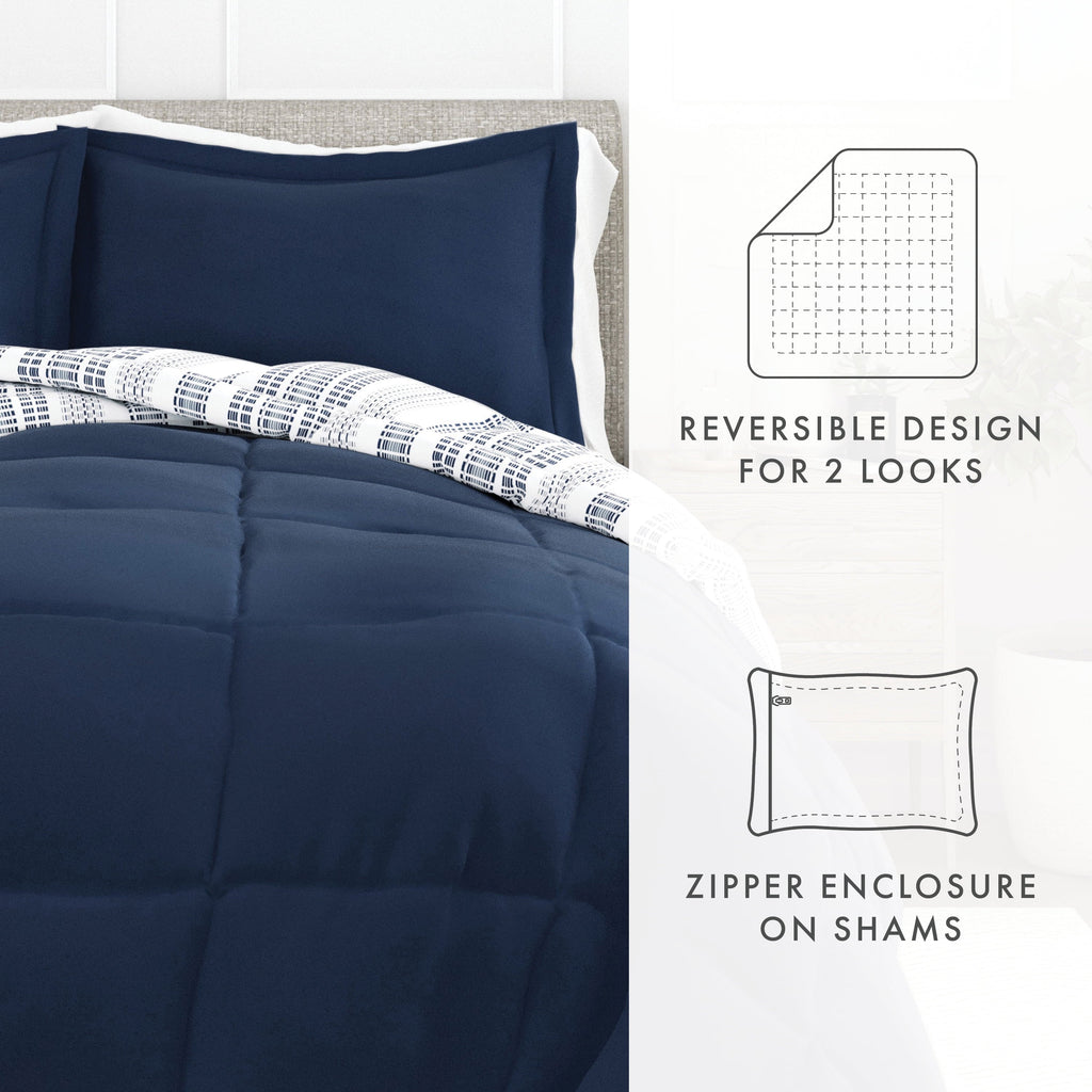 Hypoallergenic Cloud 2-Piece Navy Farmhouse Dreams ReversiblePrint Comforter Set, Twin/TwinXL - All-Season Down Alternative Comforter Insert Detail