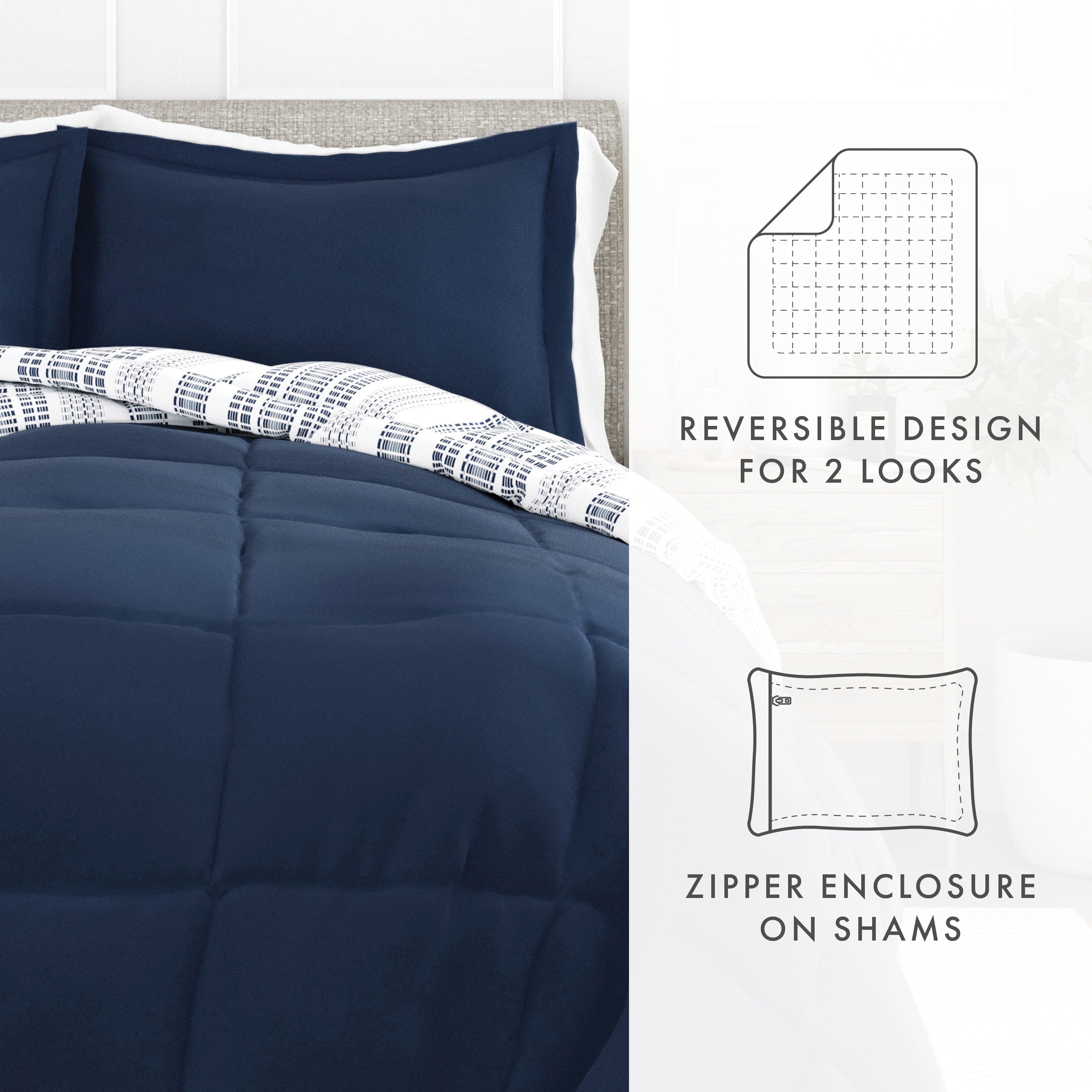 Hypoallergenic Cloud 2-Piece Navy Farmhouse Dreams ReversiblePrint Comforter Set, Twin/TwinXL - All-Season Down Alternative Comforter Insert Detail