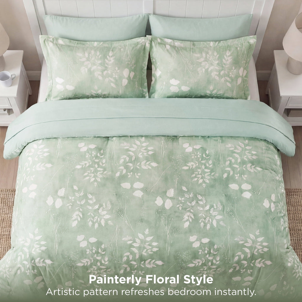 Fluffy Down Alternative Queen Comforter Set Sage Green, Bed in a Bag Queen Size Bedding, 7-Pieces Botanical Flowers Spring Comforter, Sheets,... - Luxurious Quilted Duvet Cover Set Detail