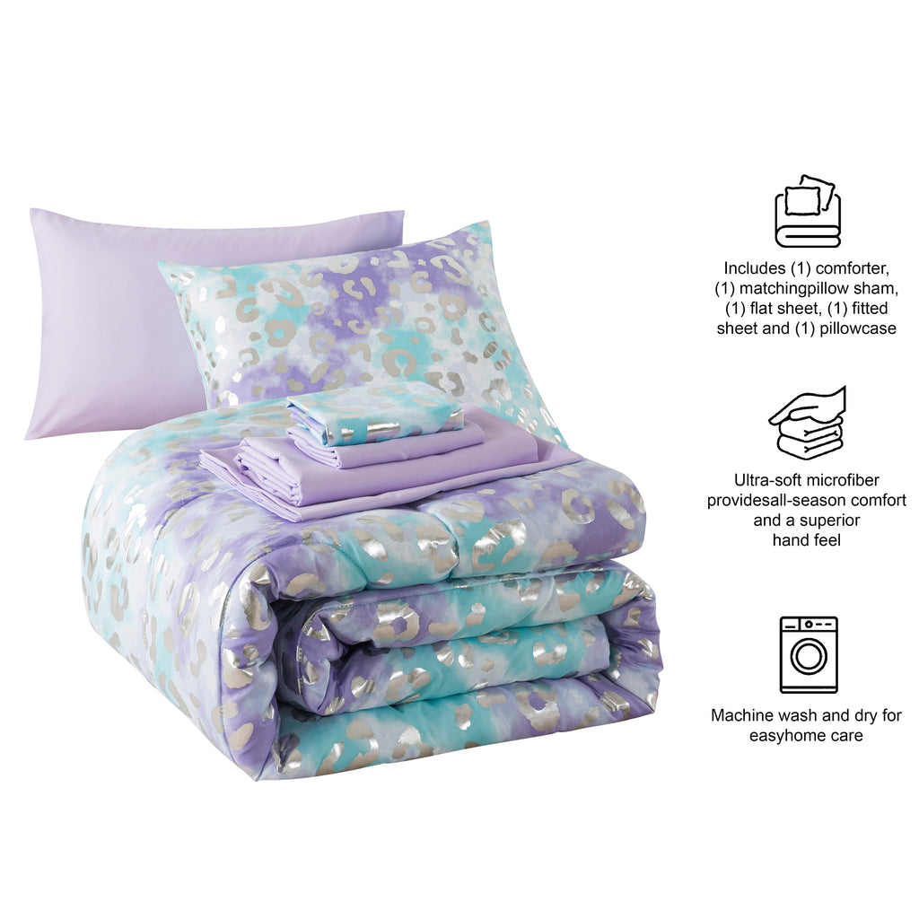 Fluffy Down Alternative 5-Piece Purple Metallic Foil Cheetah Bedding Set for Kids with Storage Bag, Twin - Hypoallergenic Ultra-Fluffy Quilt for Winter Detail