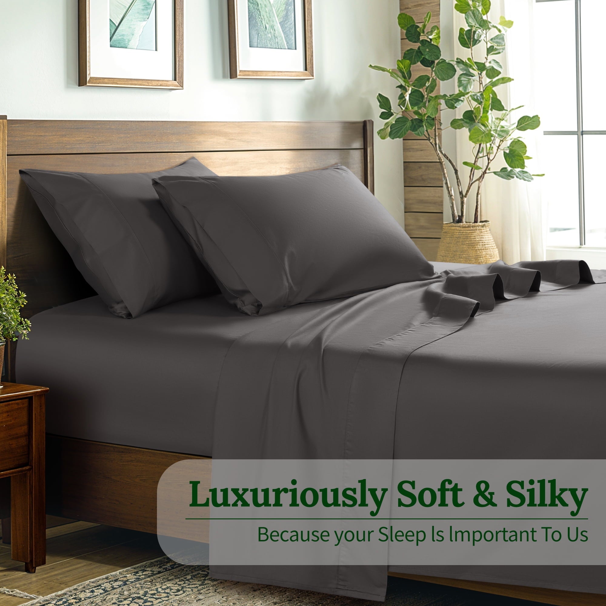 Breathable Luxury 100% Cotton Bed Sheets Set, 1000 Thread Count 4 Piece Luxury Soft Sheets Set with 16" Deep Pocket, Queen, Dark Gray - Cooling Hotel Quality Bedding Sheets and Pillowcases Detail