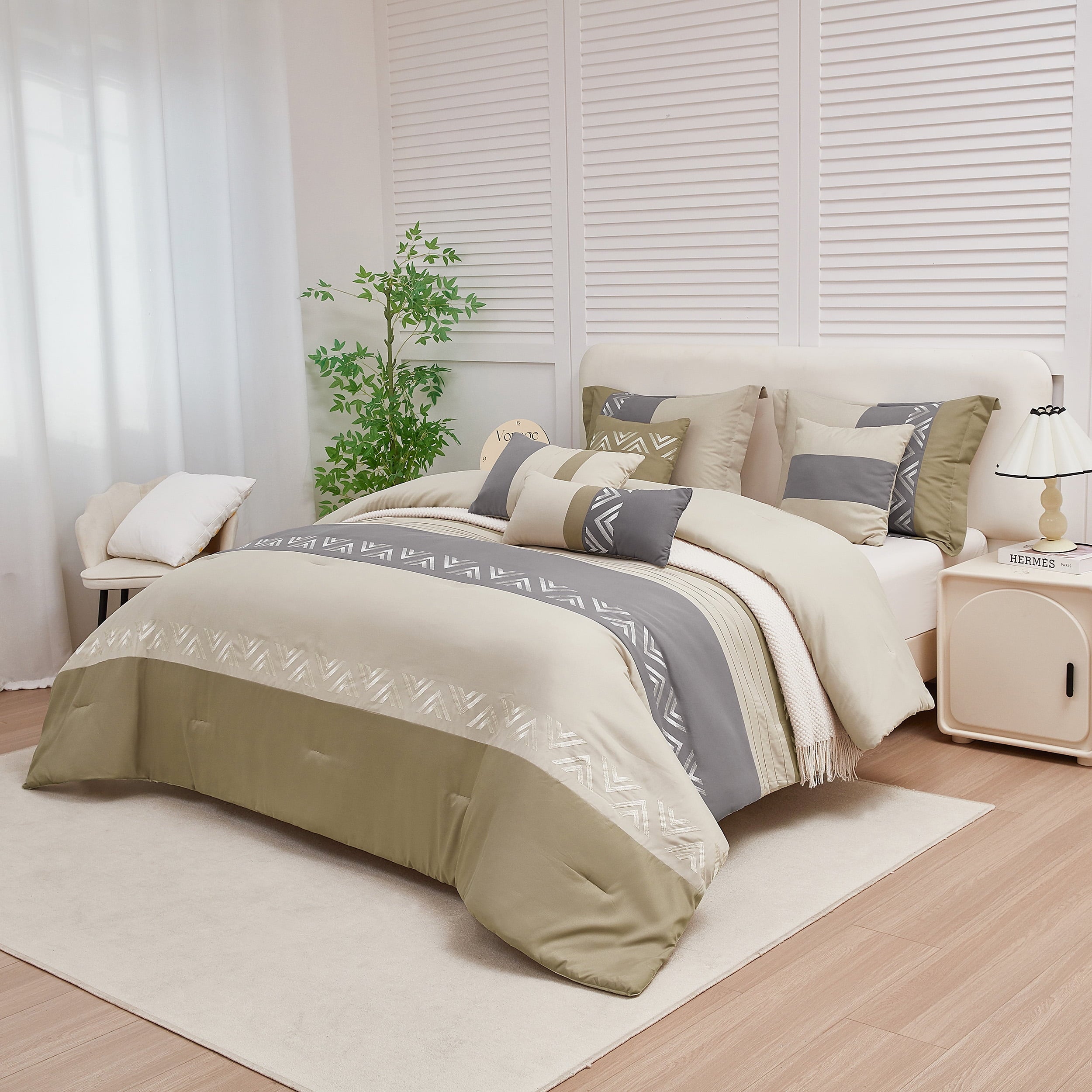 Fluffy Down Alternative 7 Piece Embroidery Design Bed-in-a-Bag, Taupe Queen Size Ultra Soft Comforter Set for Adults - Cloud-Like Soft Lightweight Bed Comforter Detail