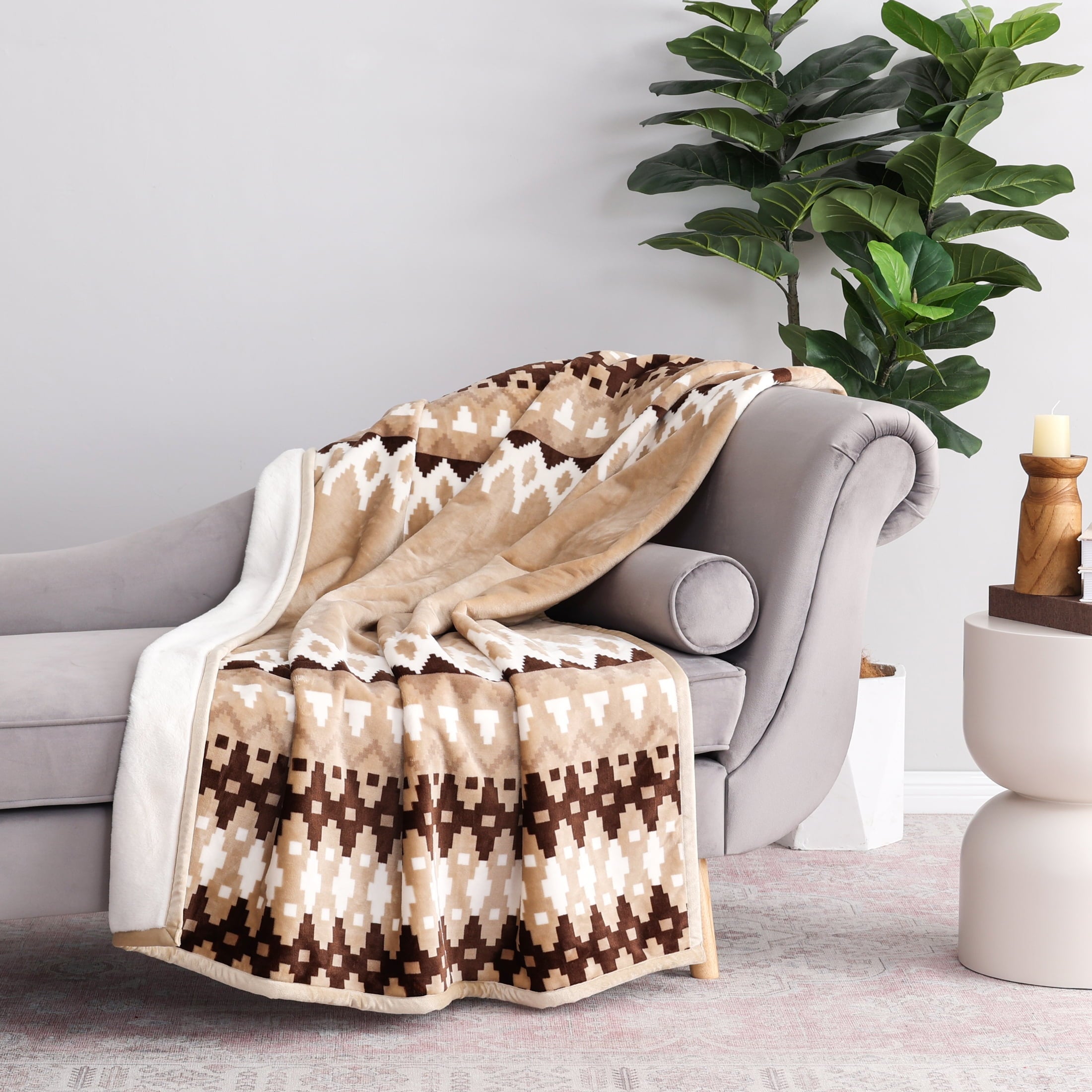 Lightweight Warm Printed Velvet Plush Reverse to Faux Fur Super Soft Throw Blanket, Oversized, Linder Border Beige - Luxury Knitted Decorative Throw Blanket with Fringes Detail