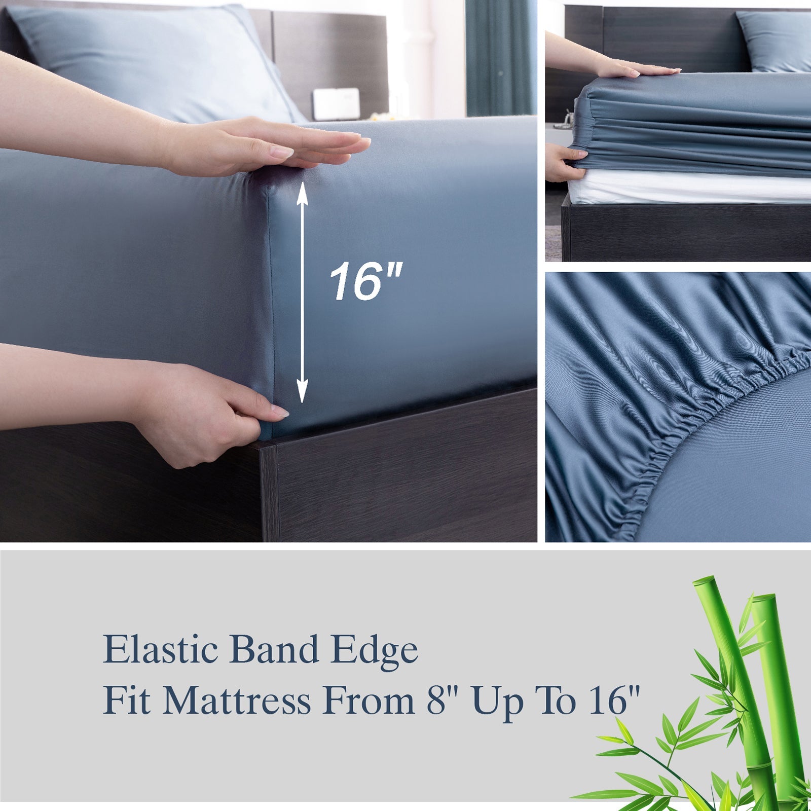 Premium Egyptian Cotton Luxury Bamboo Bed Sheets Set Full 4 Pcs for Adult,Soft&Cool,16" Deep Pocket,Blue Gray - Breathable Egyptian Cotton Flat & Fitted Sheets Detail