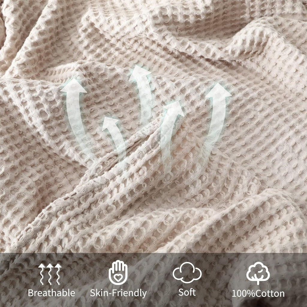 Lightweight Warm 100% Cotton Waffle Bed Blanket King Size, Throw Blanket for Couch All Seasons (Beige, 104x90) - Cozy Fleece Throw Blanket for Couch & Bed Detail