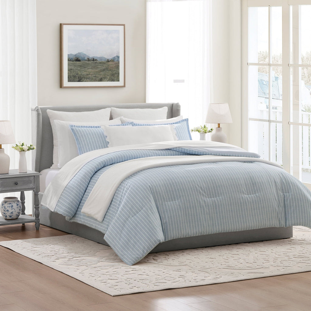 All-Season Stripe 11-Piece Comforter Set with Sheets, Blue, Queen - Luxurious Quilted Duvet Cover Set Detail