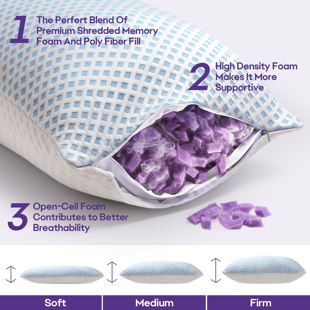 Fluffy Shredded Cooling Pillows for Bed Sleeping Shredded Memory Foam Pillows Queen Size Set of 2 Pack 20 x 30 inches - Ergonomic Memory Foam Pillow for Neck Pain Support Detail