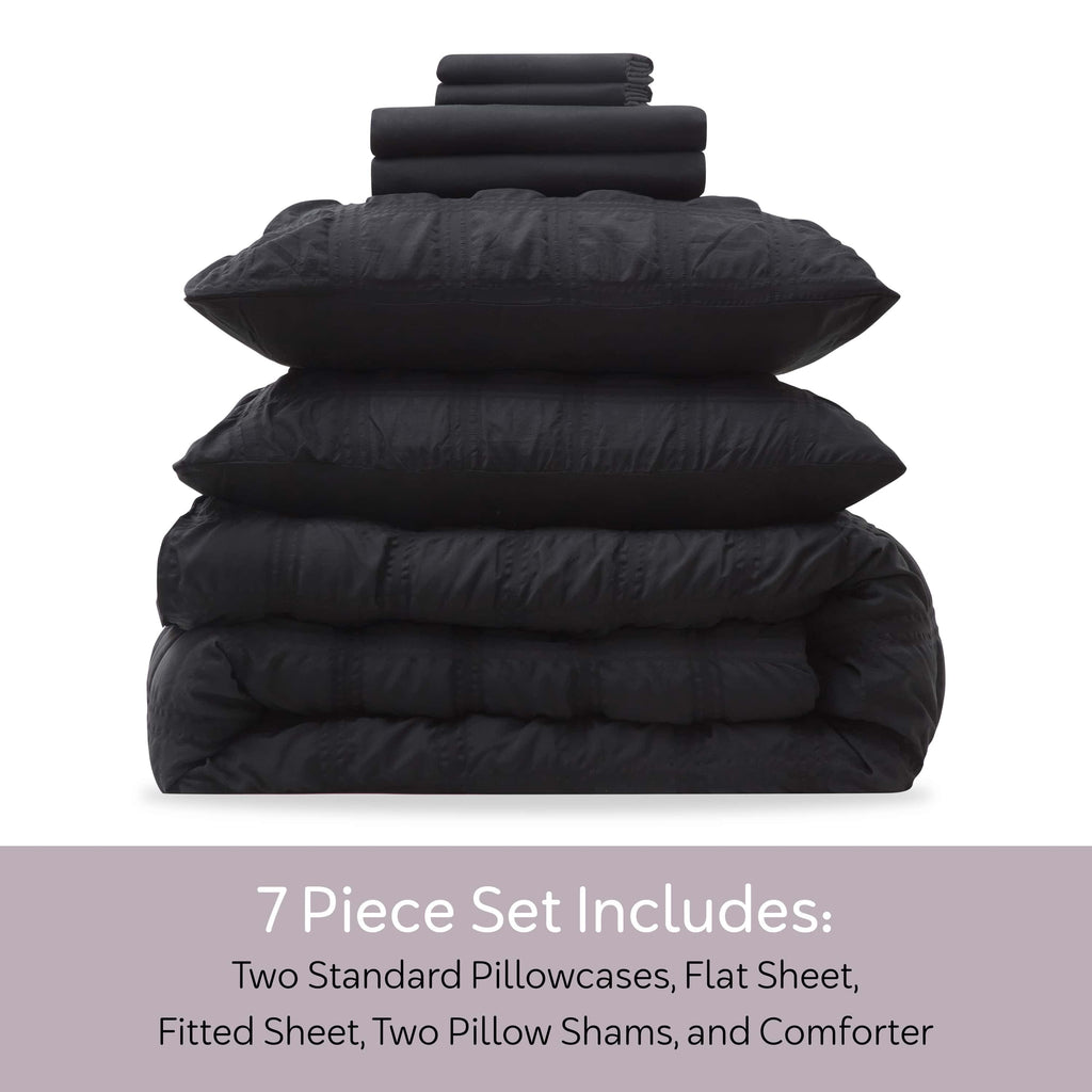 Fluffy Down Alternative Queen Comforter Set, Seersucker Queen Size Comforter Set, 7-Pc All Season Bedding Comforter Set, Black - Hypoallergenic Ultra-Fluffy Quilt for Winter Detail